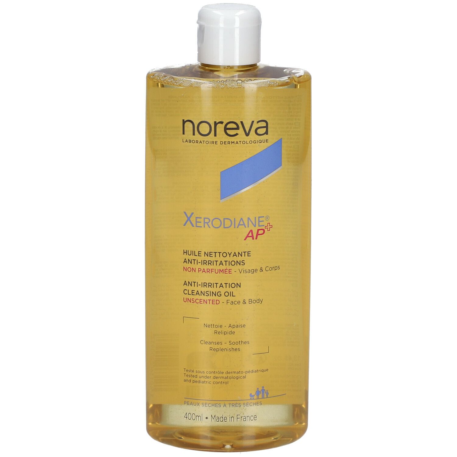Flacon jaune avec bouchon blanc. Inscriptions: noreva, Xerodiane AP+, Huile nettoyante anti-irritations, anti-irritation cleansing oil.