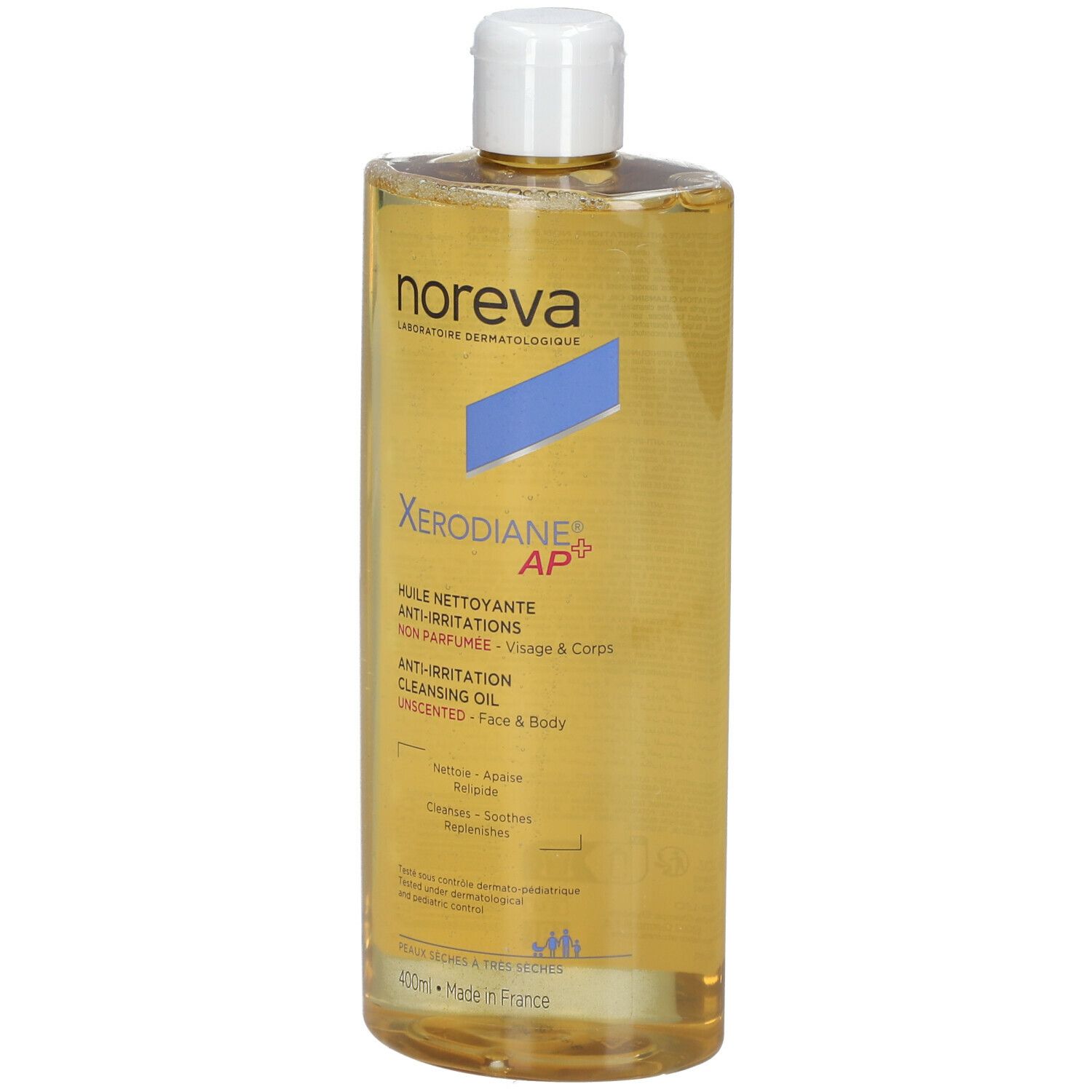 Flacon jaune avec bouchon blanc. Inscriptions: noreva, Xerodiane AP+, Huile nettoyante anti-irritations, anti-irritation cleansing oil.
