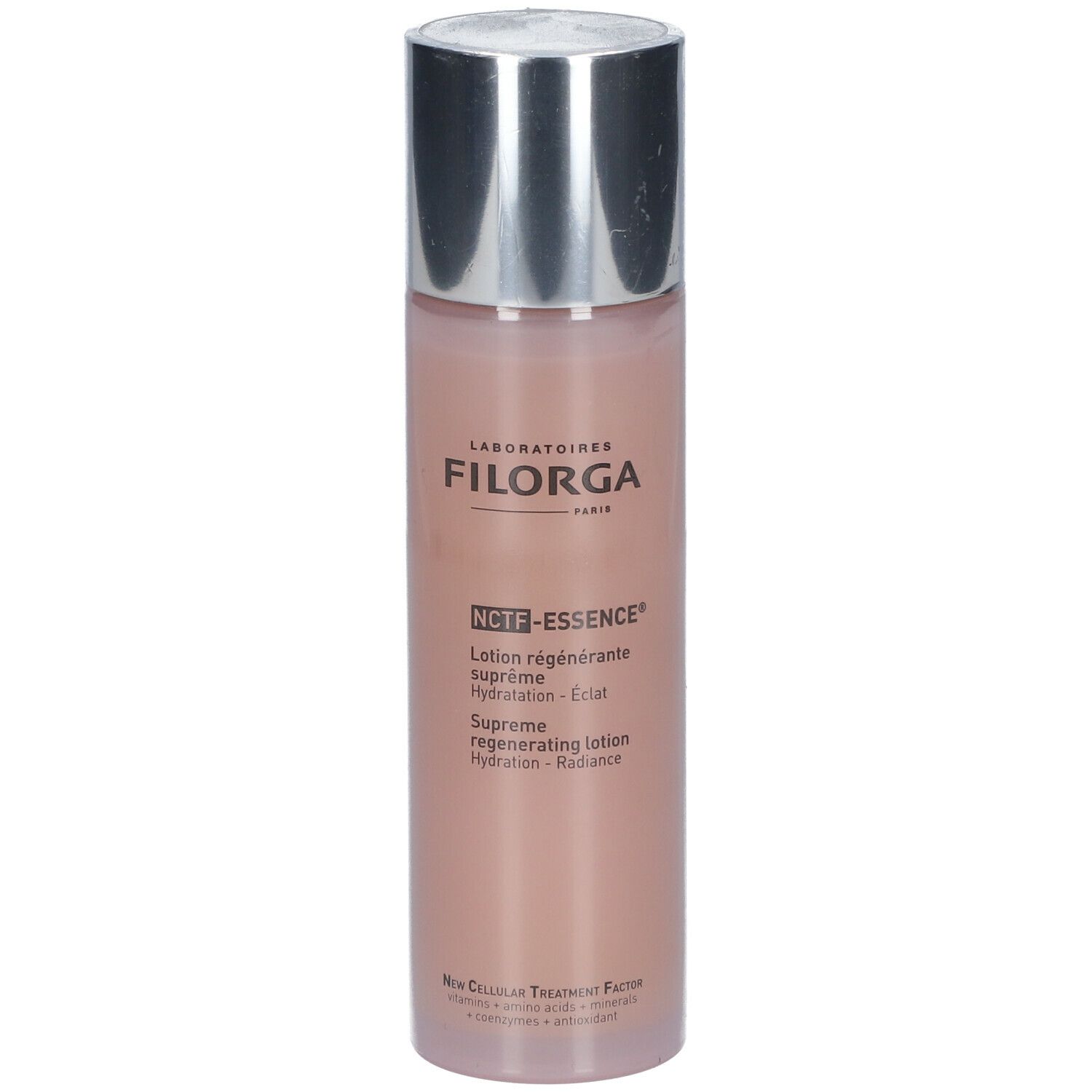FILORGA NCTF-ESSENCE®. Flacon à bouchon argenté. Liquide rose. Inscription : Lotion régénérante suprême, Hydratation - Éclat.