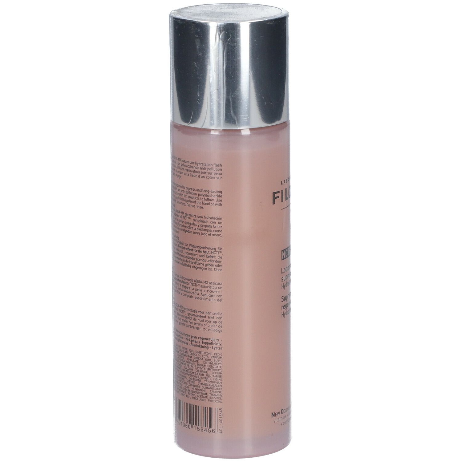 FILORGA NCTF-ESSENCE®. Flacon, vue arrière. Texte multilingue. Bouchon argenté. Liquide rose. Informations produit.