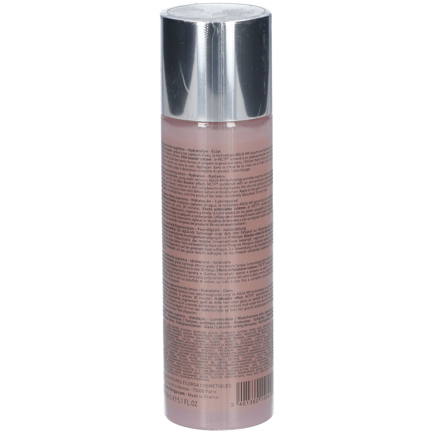 FILORGA NCTF-ESSENCE®. Flacon, vue arrière. Texte multilingue. Bouchon argenté. Liquide rose. Informations produit.