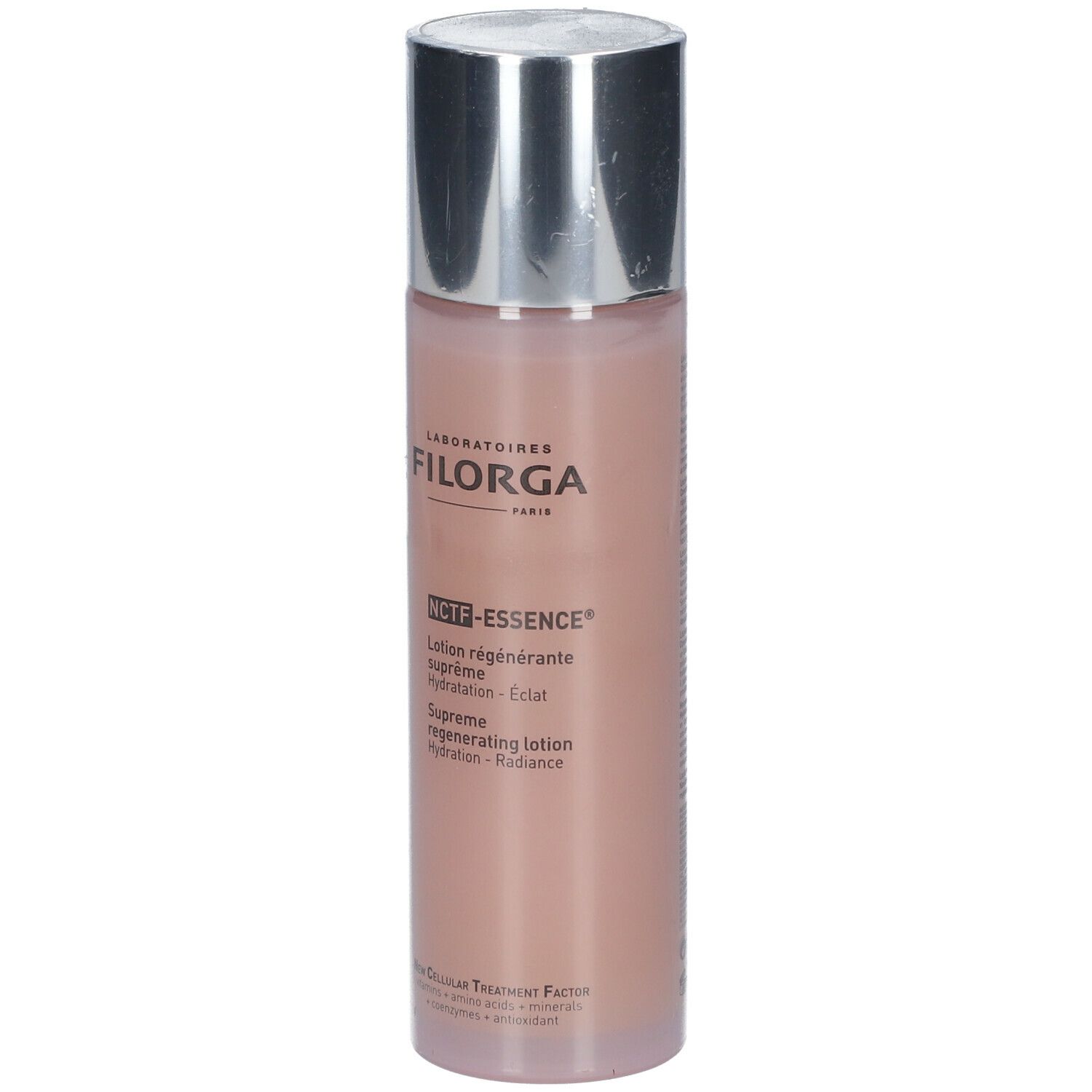 FILORGA NCTF-ESSENCE®. Flacon à bouchon argenté. Liquide rose. Inscription : Lotion régénérante suprême, Hydratation - Éclat.