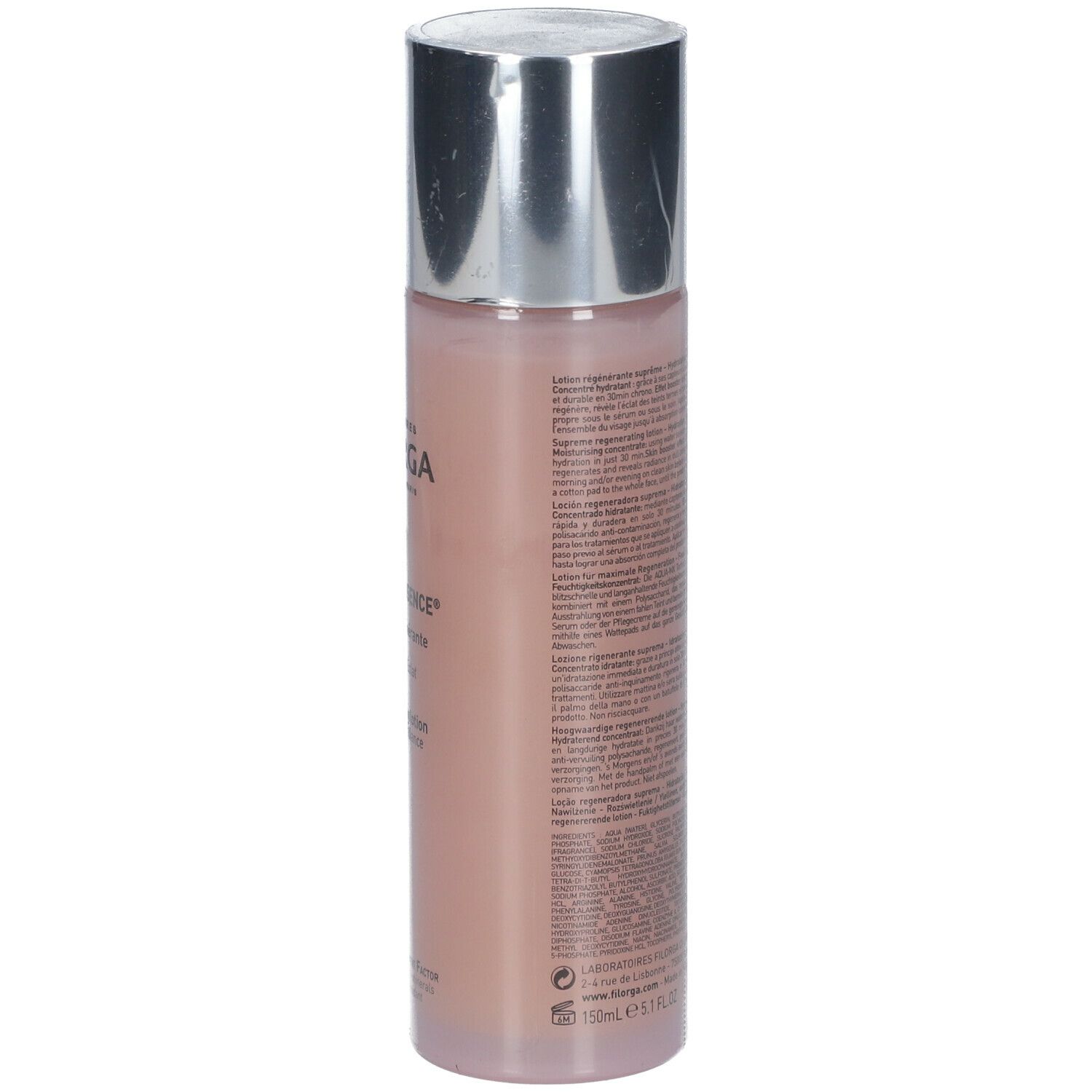 FILORGA NCTF-ESSENCE®. Flacon, vue arrière. Texte multilingue. Bouchon argenté. Liquide rose. Informations produit.