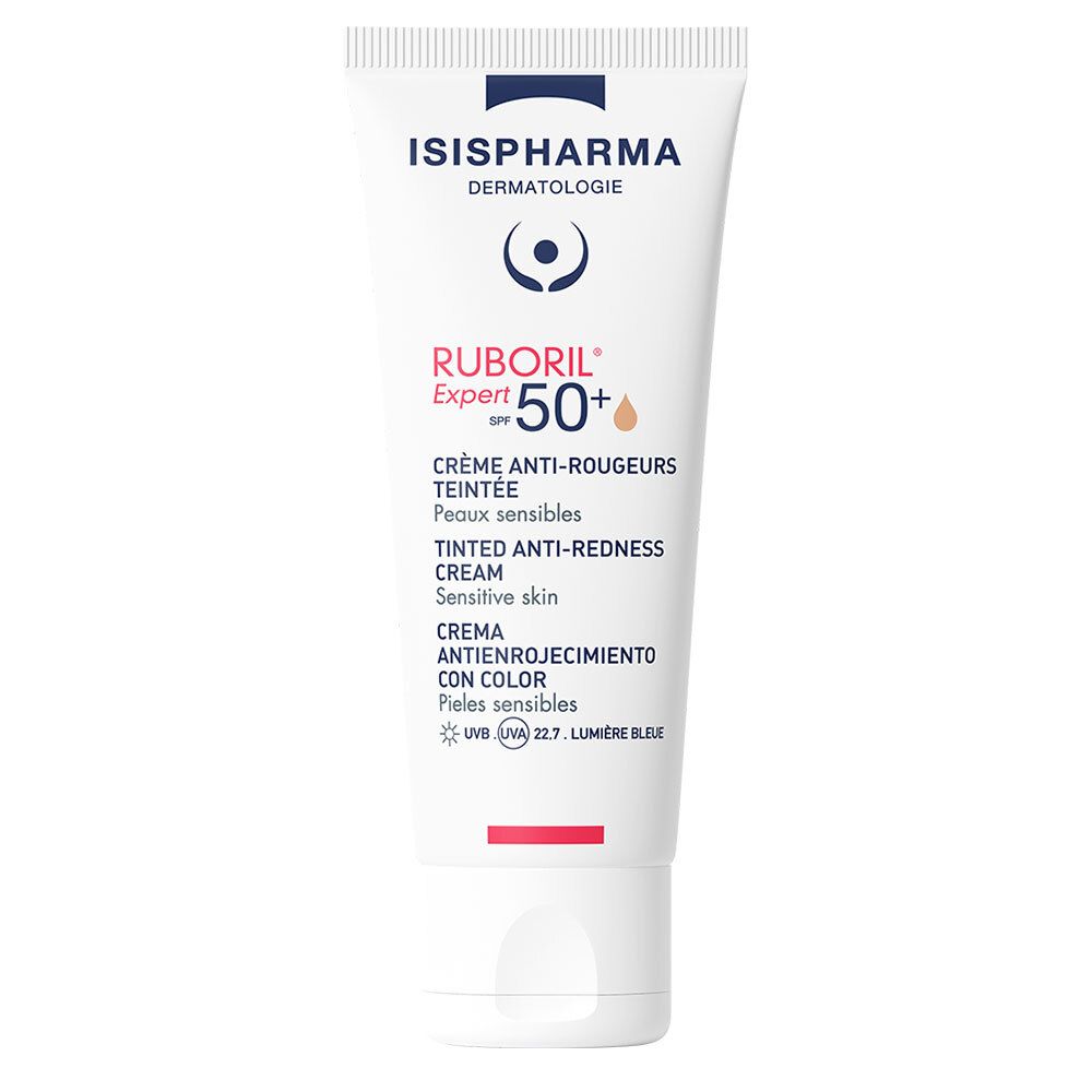 Tube blanc ISISPHARMA Ruboril Expert SPF50+. Crème anti-rougeurs teintée, peaux sensibles. Protection UV. Bouchon blanc.