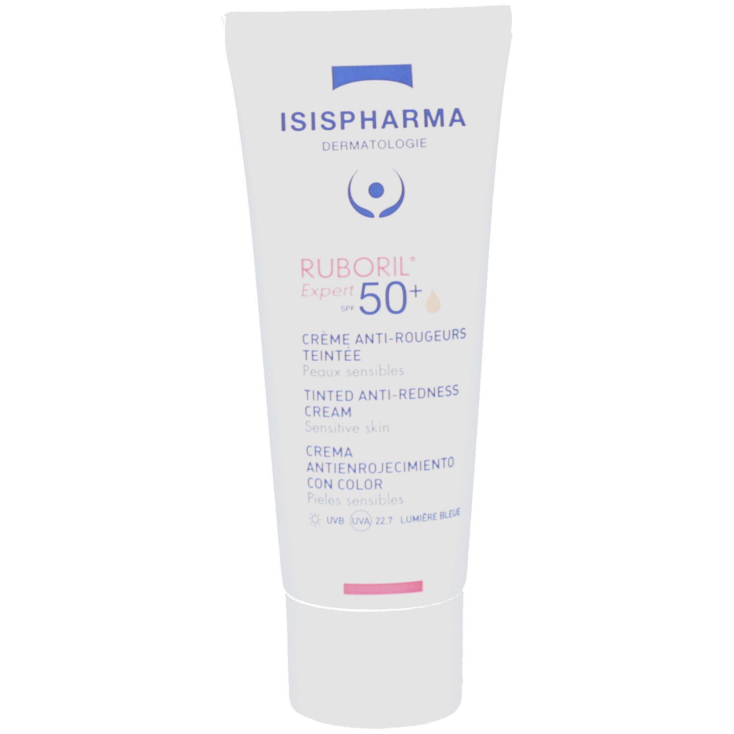 Tube blanc ISISPHARMA Ruboril Expert SPF50+. Crème anti-rougeurs teintée, peaux sensibles. Protection UV. Bouchon blanc.