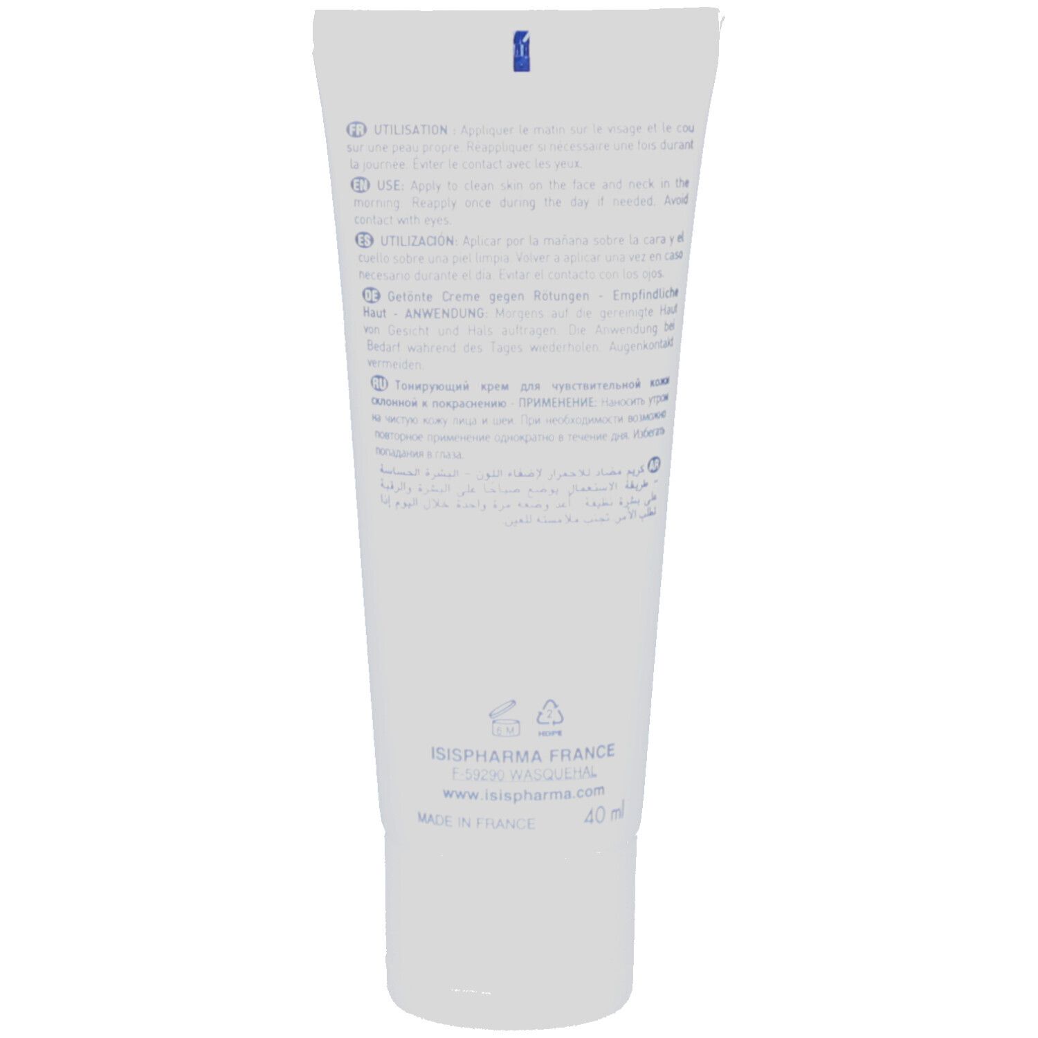Dos du tube blanc. Texte multilingue: Utilisation, ingrédients, adresse ISISPHARMA, 40 ml. Fabriqué en France.