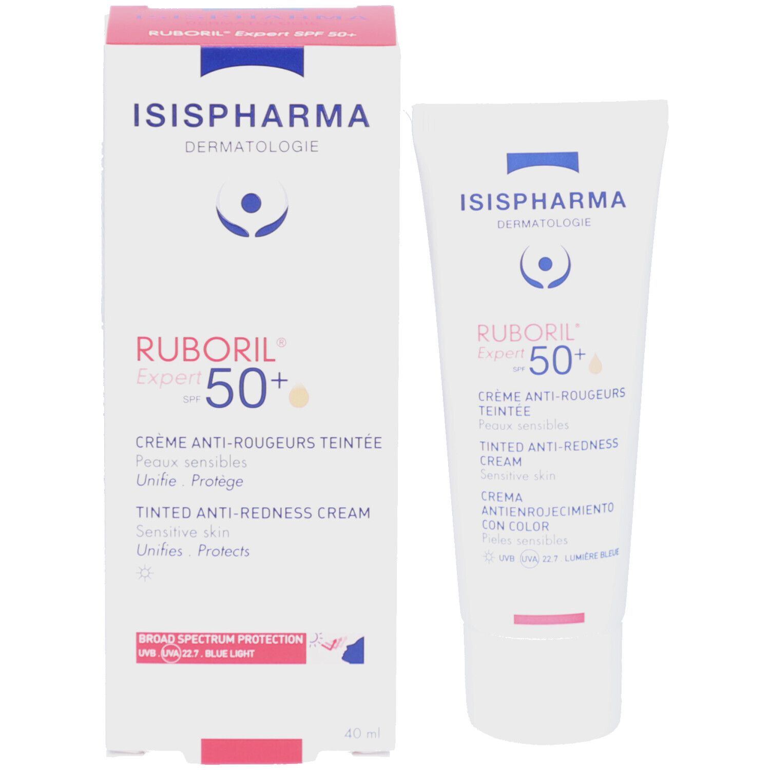 Boîte et tube. ISISPHARMA Ruboril Expert SPF50+. Crème anti-rougeurs teintée, peaux sensibles. 40 ml.