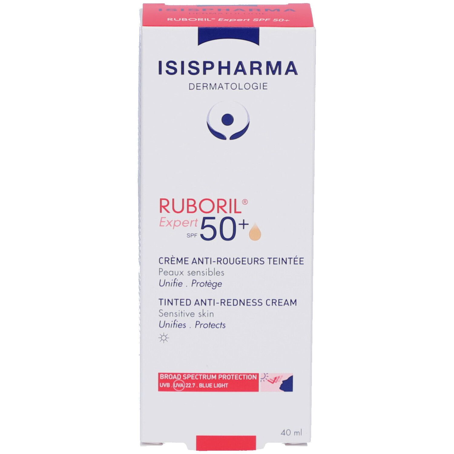 Boîte. ISISPHARMA Ruboril Expert SPF50+. Crème anti-rougeurs teintée, peaux sensibles. 40 ml.