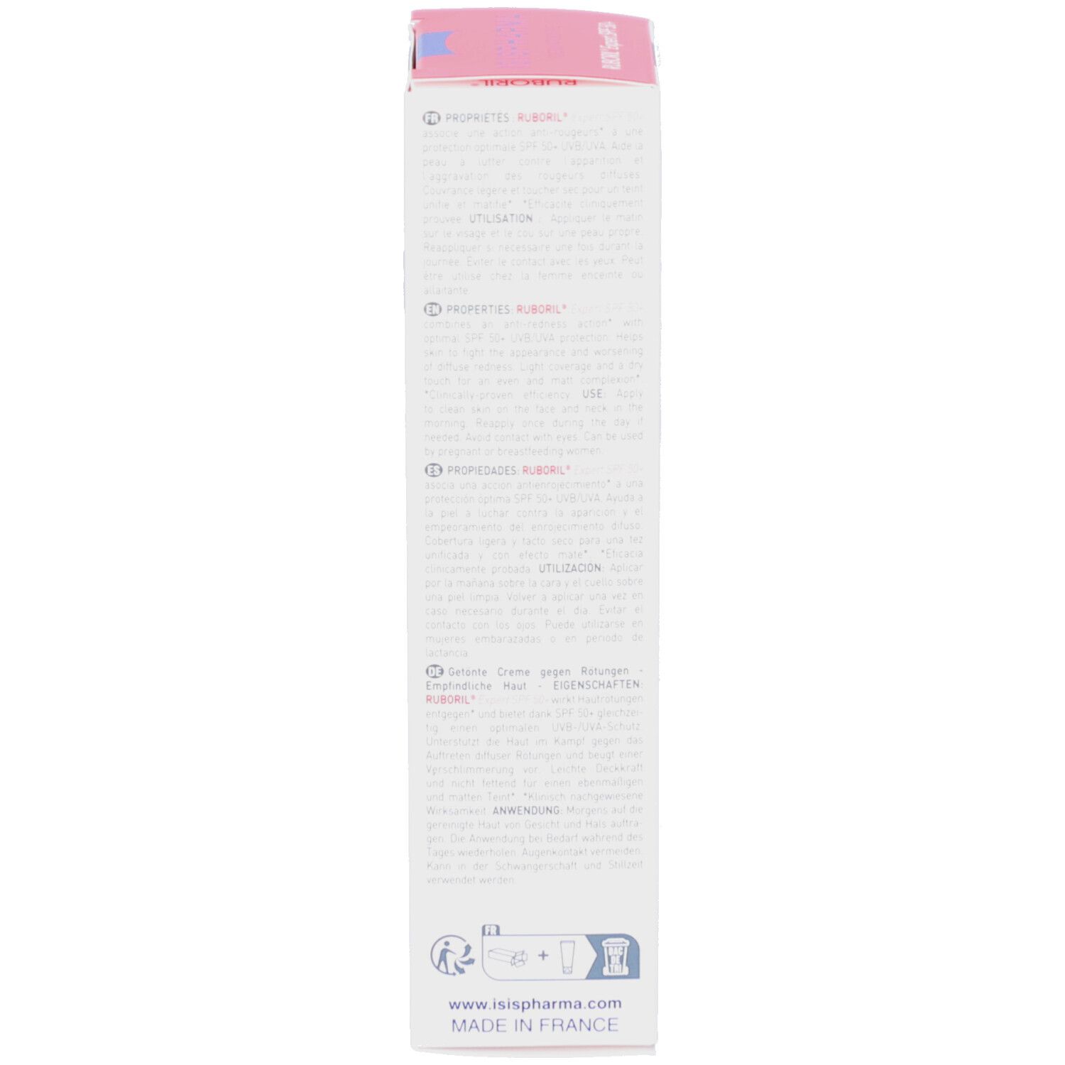 Côté de la boîte. Texte: Utilisation, ingrédients, symbole de recyclage, adresse ISISPHARMA.