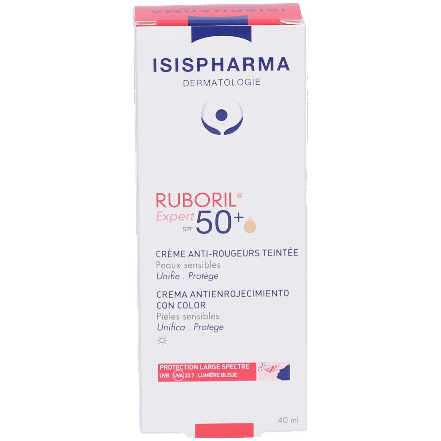 Boîte. ISISPHARMA Ruboril Expert SPF50+. Crème anti-rougeurs teintée, peaux sensibles. 40 ml.
