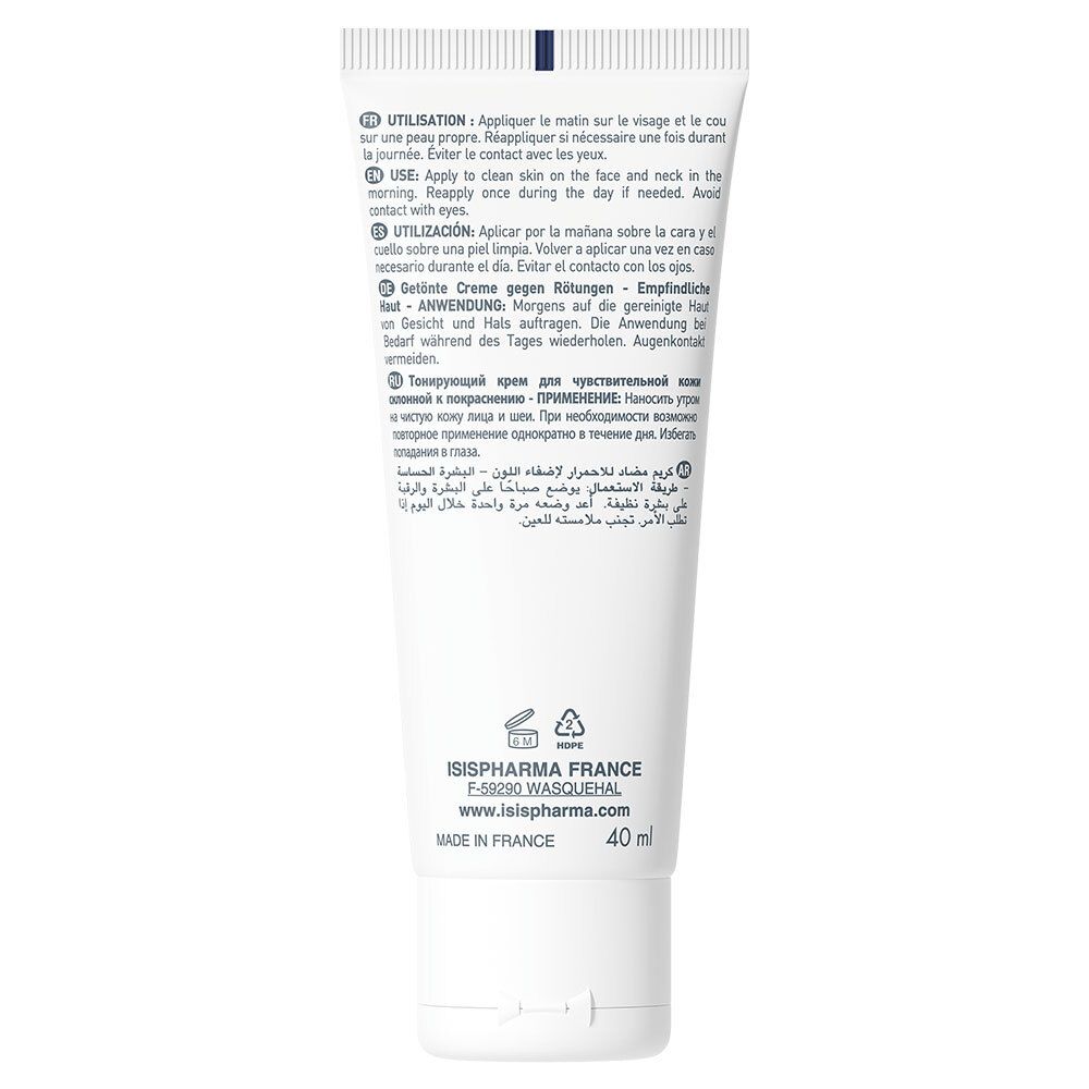 Dos du tube blanc. Texte multilingue: Utilisation, ingrédients, adresse ISISPHARMA, 40 ml. Fabriqué en France.