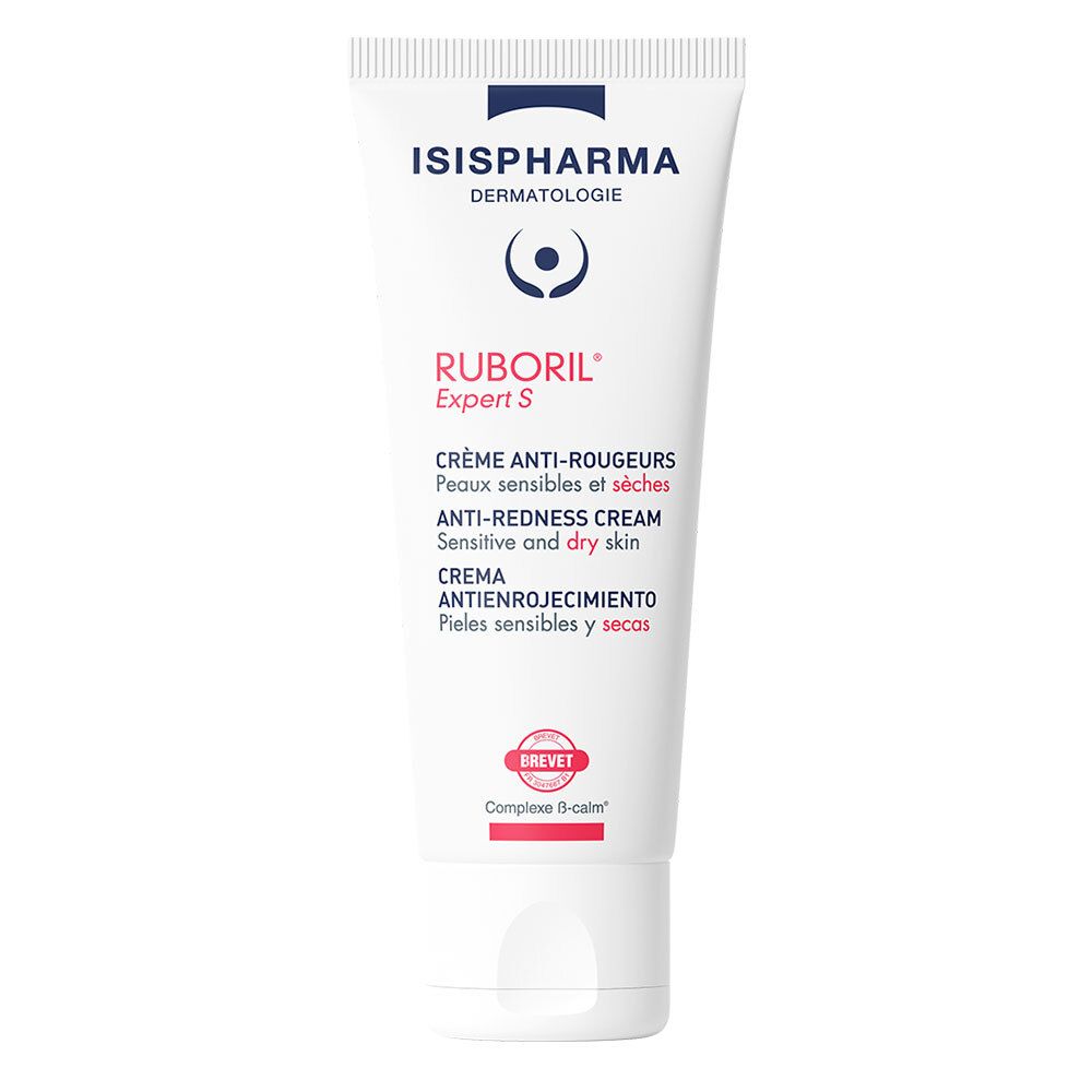 Tube blanc avec logo ISISPHARMA et Ruboril Expert S. Texte : Crème anti-rougeurs, Anti-Redness Cream, Crema antienrojecimiento.
