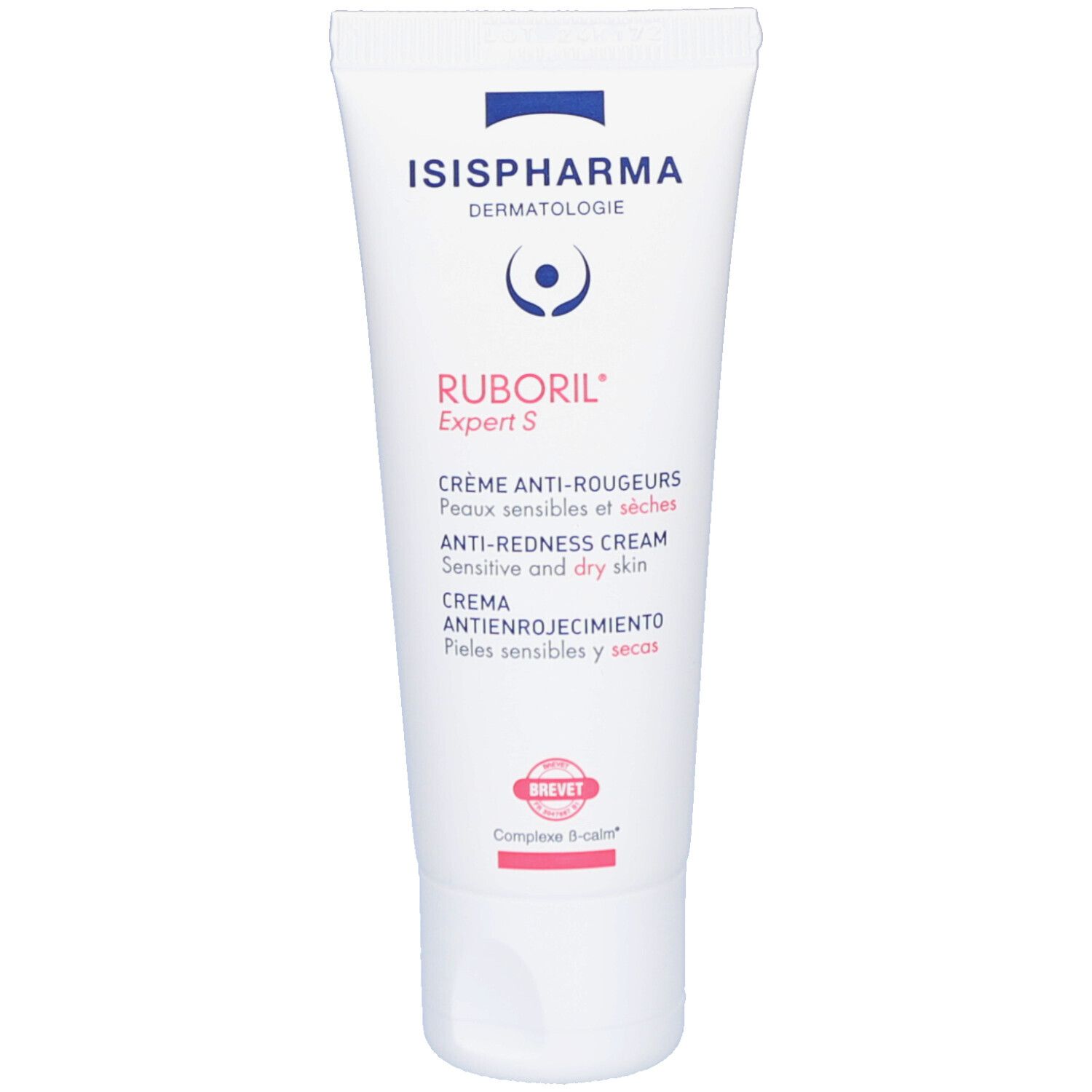 Tube blanc avec logo ISISPHARMA et Ruboril Expert S. Texte : Crème anti-rougeurs, Anti-Redness Cream, Crema antienrojecimiento.