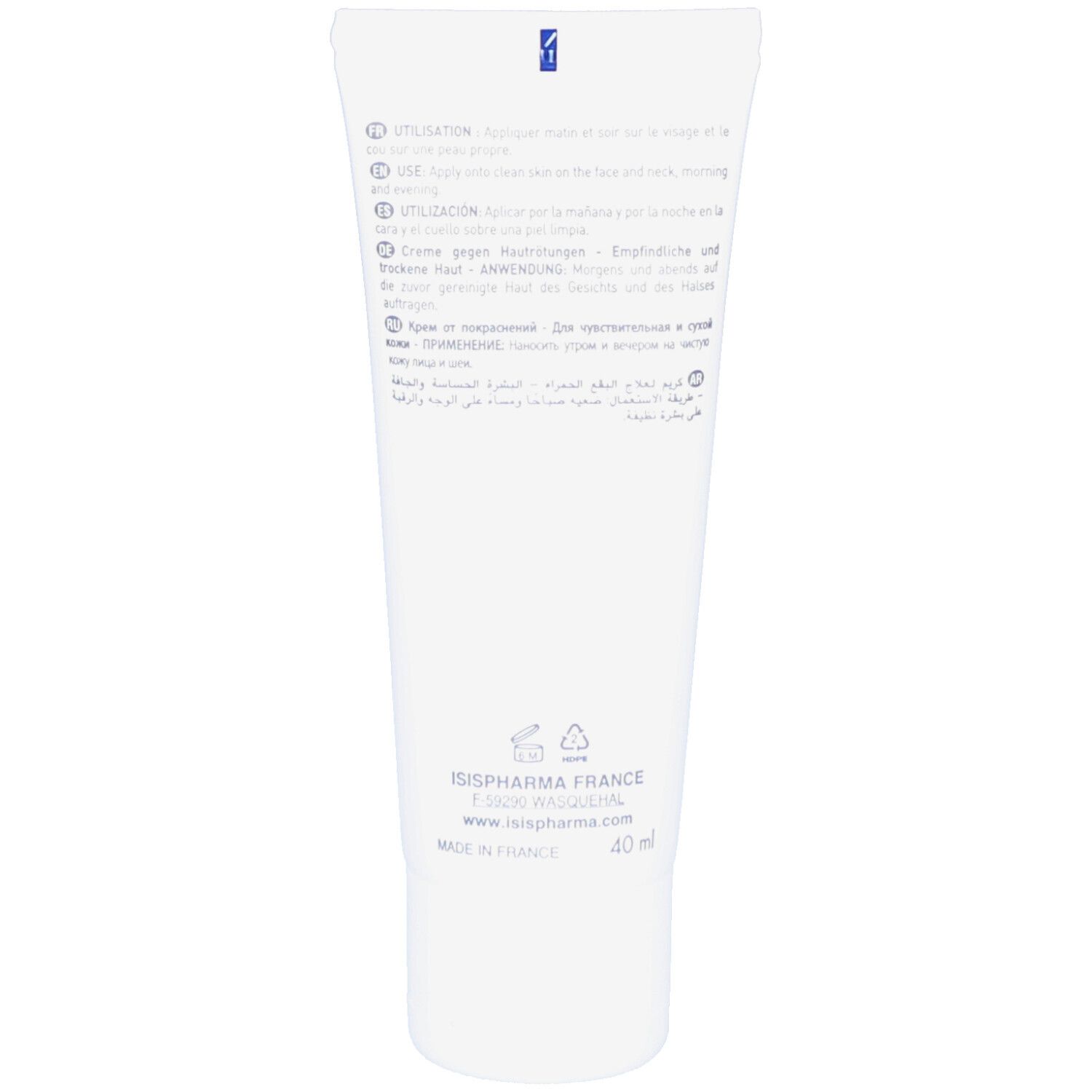 Dos d'un tube blanc avec texte multilingue. Informations fabricant et indication de volume 40 ml.