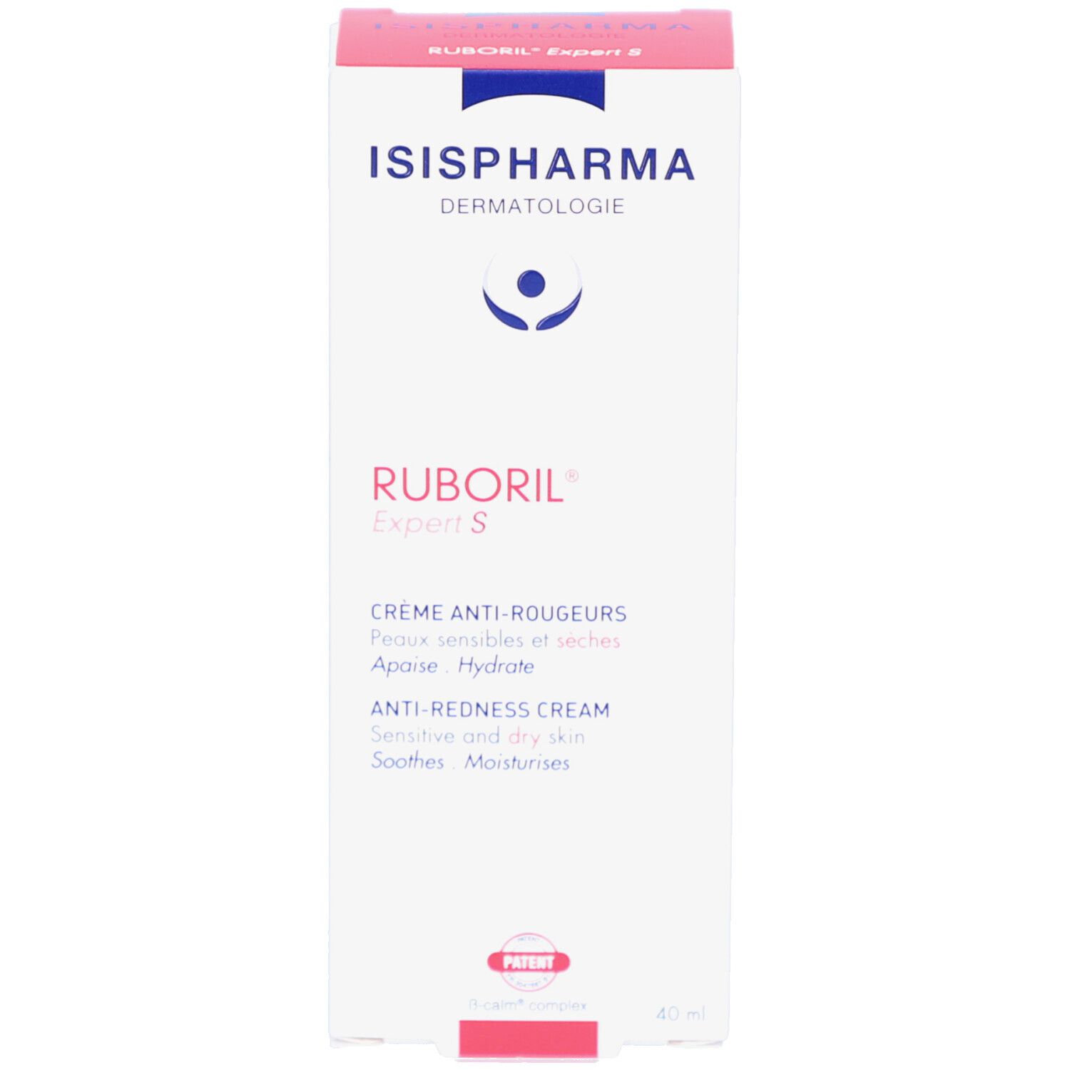 Boîte Ruboril Expert S. Logo ISISPHARMA, nom du produit et texte : Crème anti-rougeurs, Anti-Redness Cream, Crema antienrojecimiento.