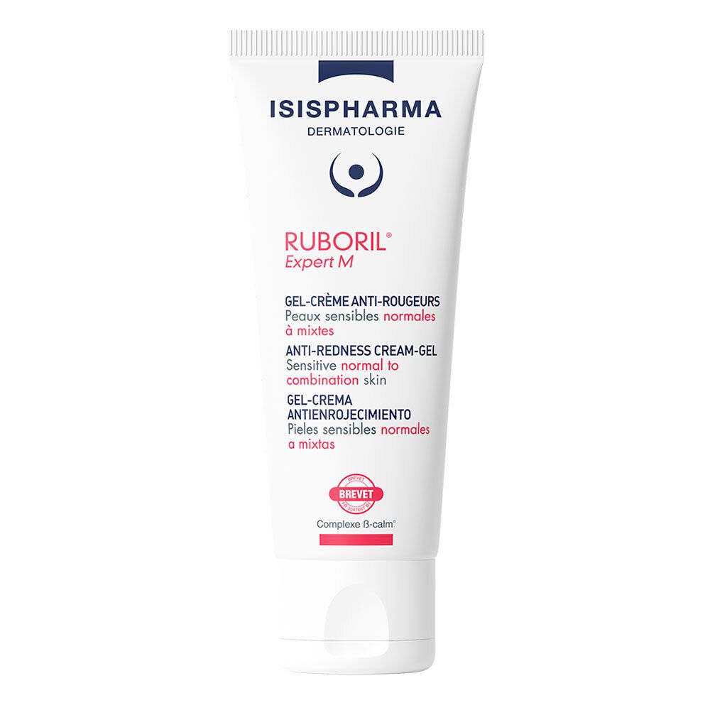 Tube blanc ISISPHARMA Ruboril Expert M. Texte: Gel-Crème Anti-Rougeurs. Tampon rouge: Brevet. Inscription en plusieurs langues.