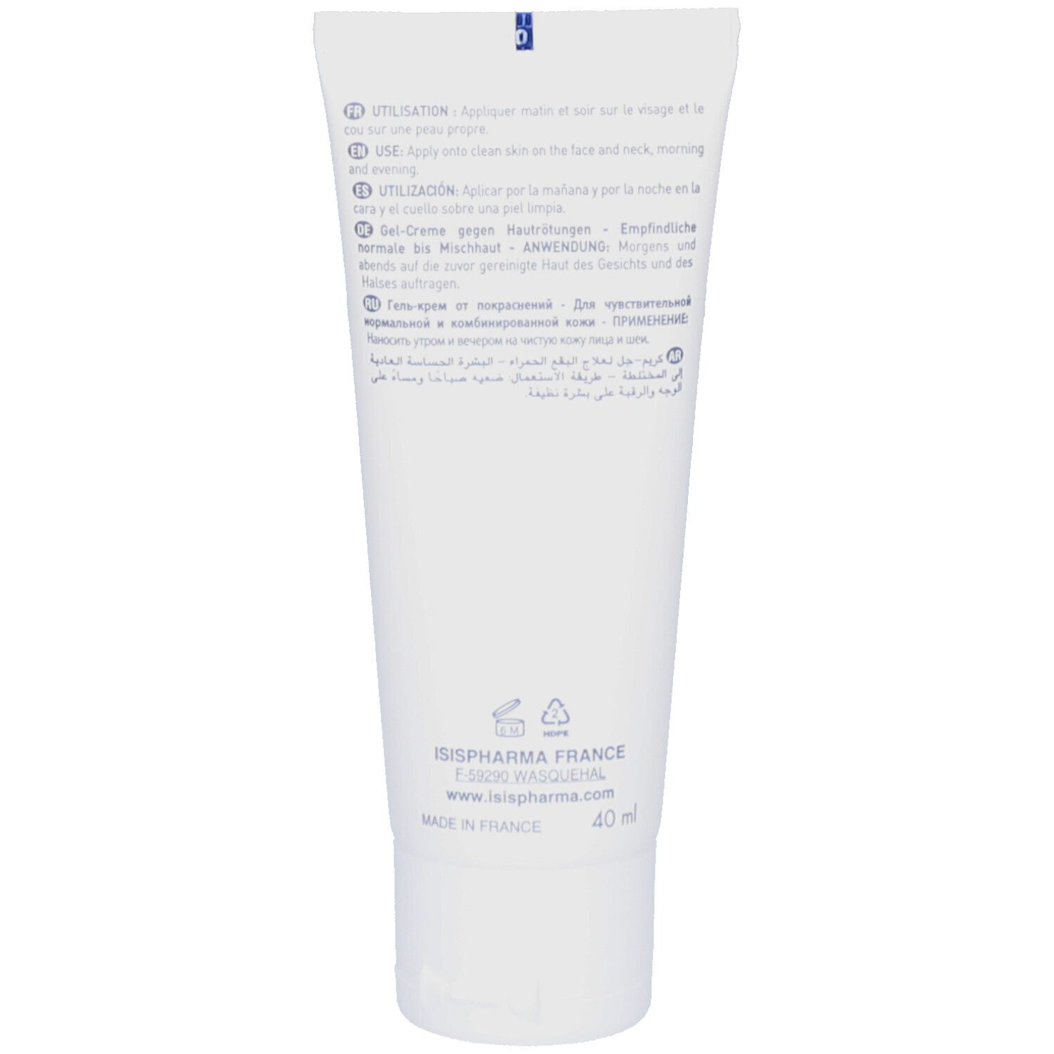 Dos du tube blanc. Texte multilingue. ISISPHARMA FRANCE, 40 ml. Symboles de recyclage.
