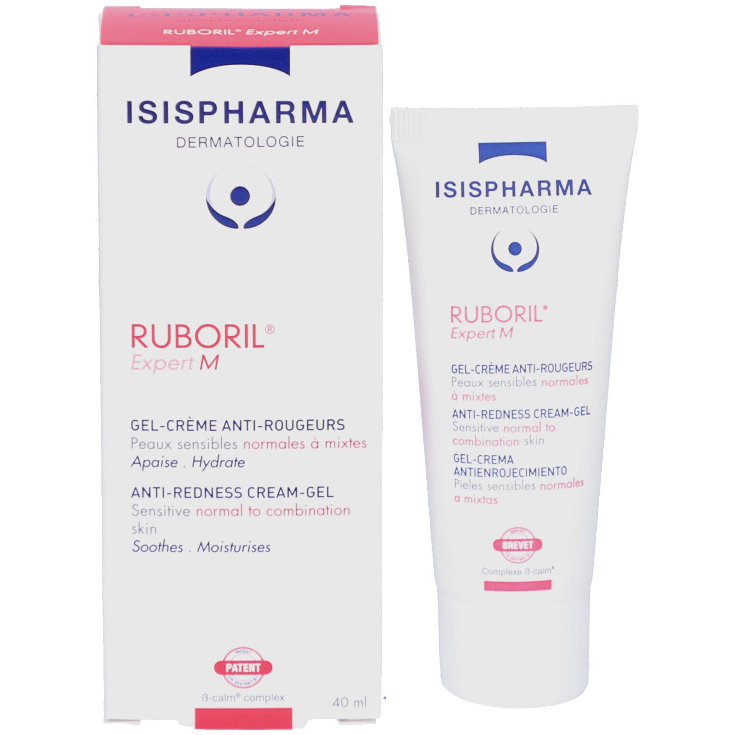 Boîte et tube ISISPHARMA Ruboril Expert M. Boîte avec couvercle rouge. Texte: Gel-Crème Anti-Rougeurs. Brevet.