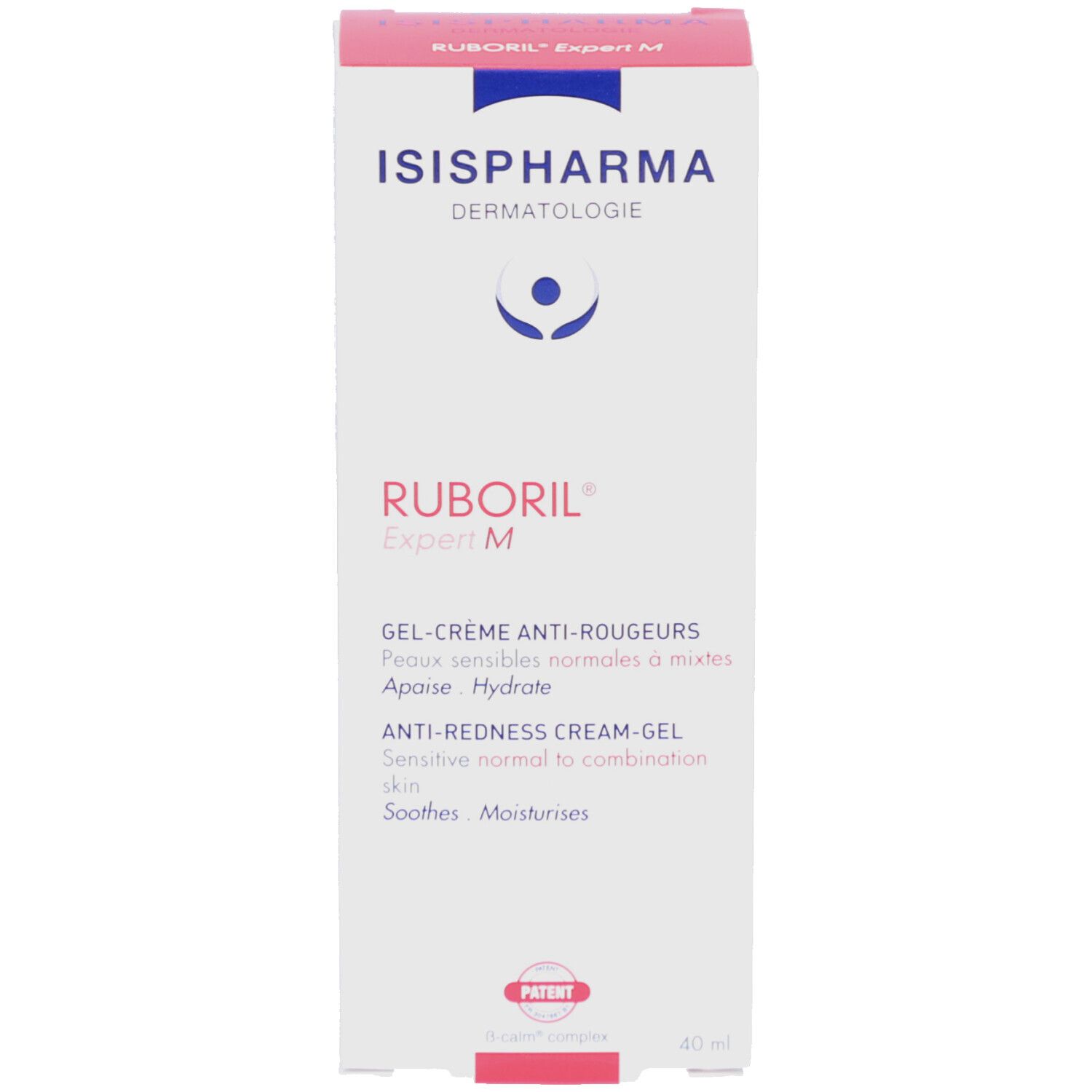 Boîte ISISPHARMA Ruboril Expert M. Couvercle rouge. Texte: Gel-Crème Anti-Rougeurs. Brevet.