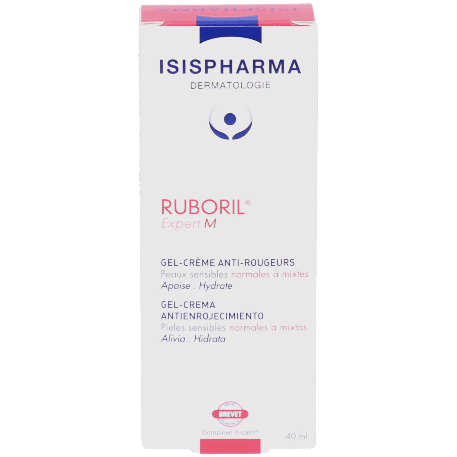 Boîte ISISPHARMA Ruboril Expert M. Texte: Gel-Crème Anti-Rougeurs. Tampon rouge: Brevet. 40 ml.