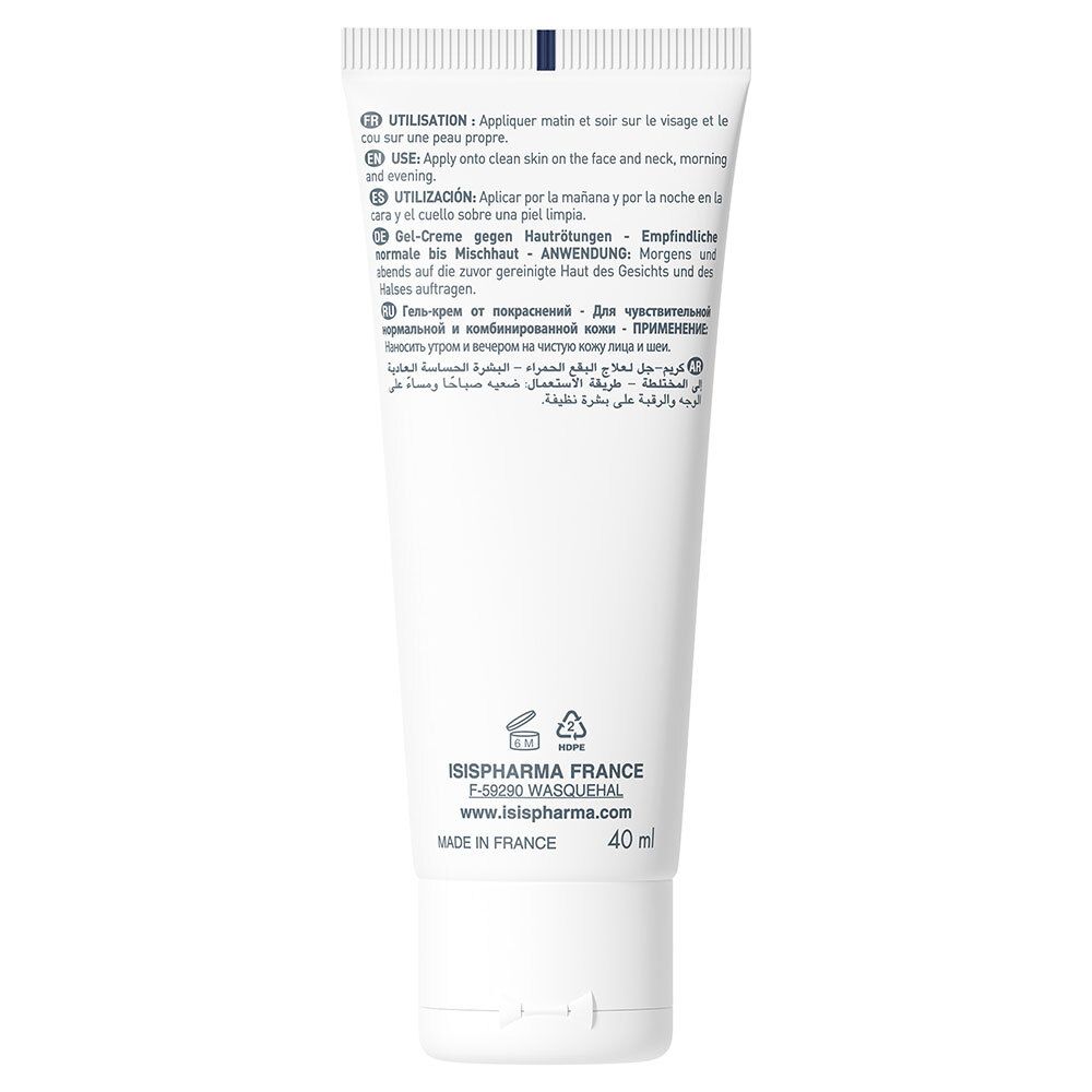 Dos du tube blanc. Texte multilingue. ISISPHARMA FRANCE, 40 ml. Symboles de recyclage.