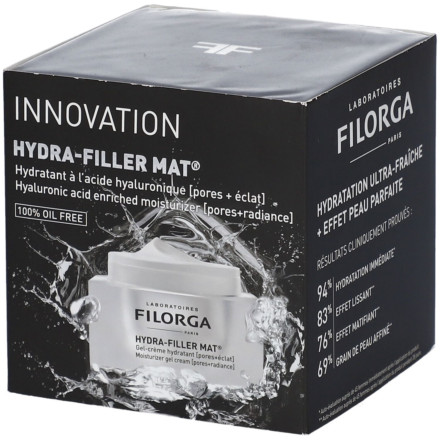 Boîte noire avec image du produit. Texte: HYDRA-FILLER MAT®, hydratant à l'acide hyaluronique. 100% sans huile.
