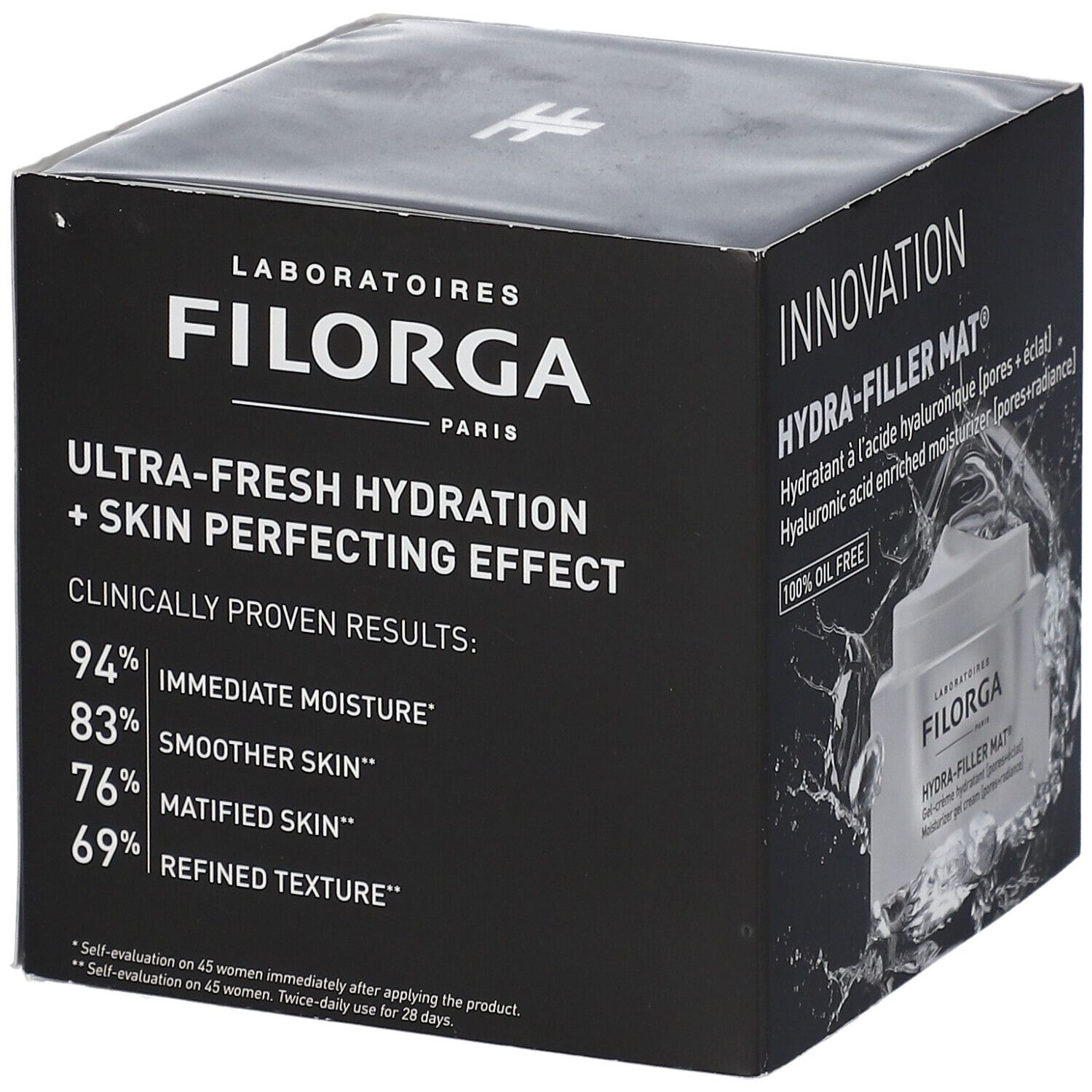 Boîte noire avec image du produit. Texte: FILORGA, HYDRA-FILLER MAT®, Hydratation Ultra-Fraîche + Effet Peau Parfaite.
