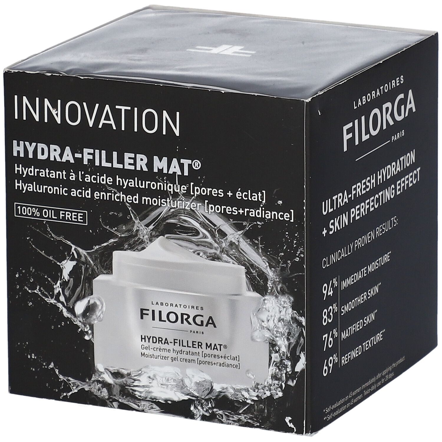 Boîte noire avec image du produit. Texte: HYDRA-FILLER MAT®, hydratant à l'acide hyaluronique. 100% sans huile.