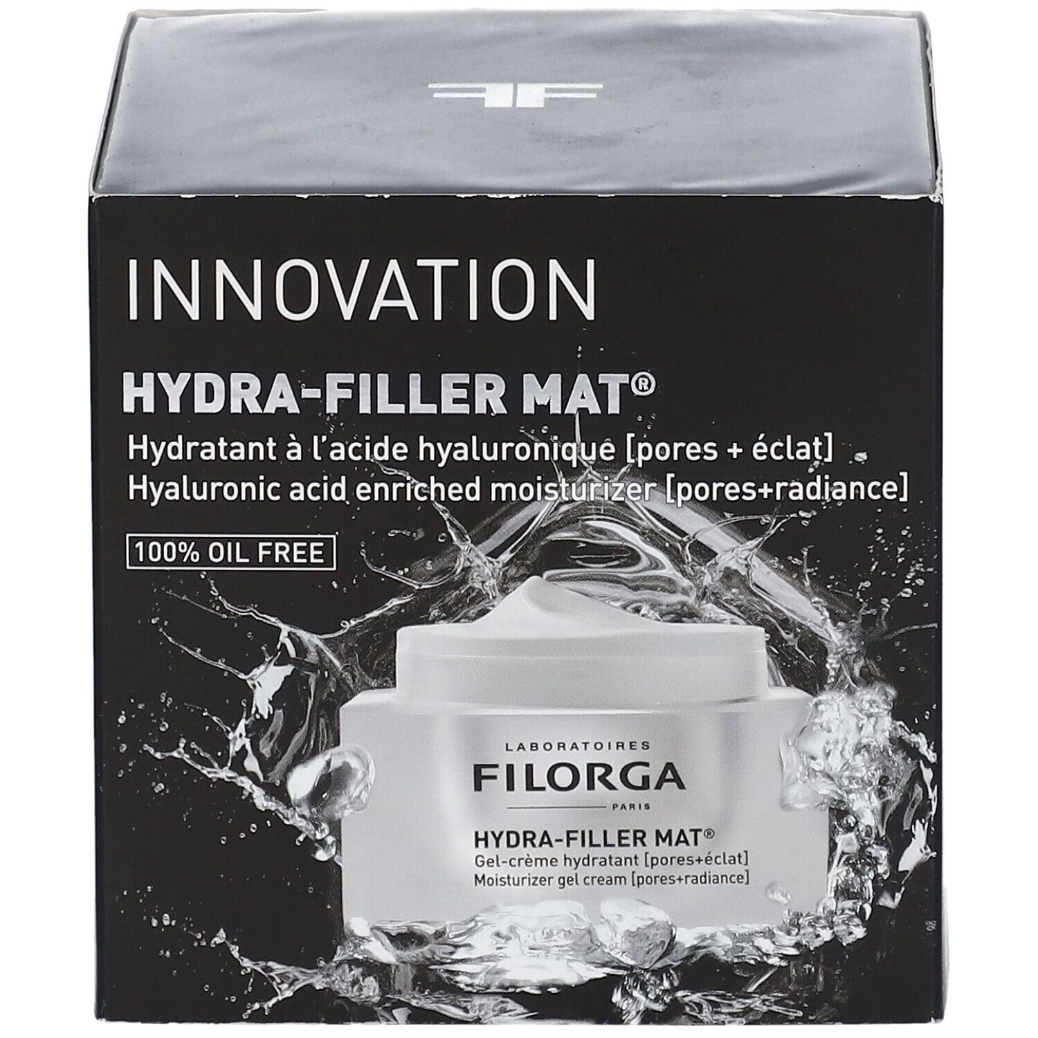 Boîte noire avec image du produit. Texte: HYDRA-FILLER MAT®, hydratant à l'acide hyaluronique. 100% sans huile.