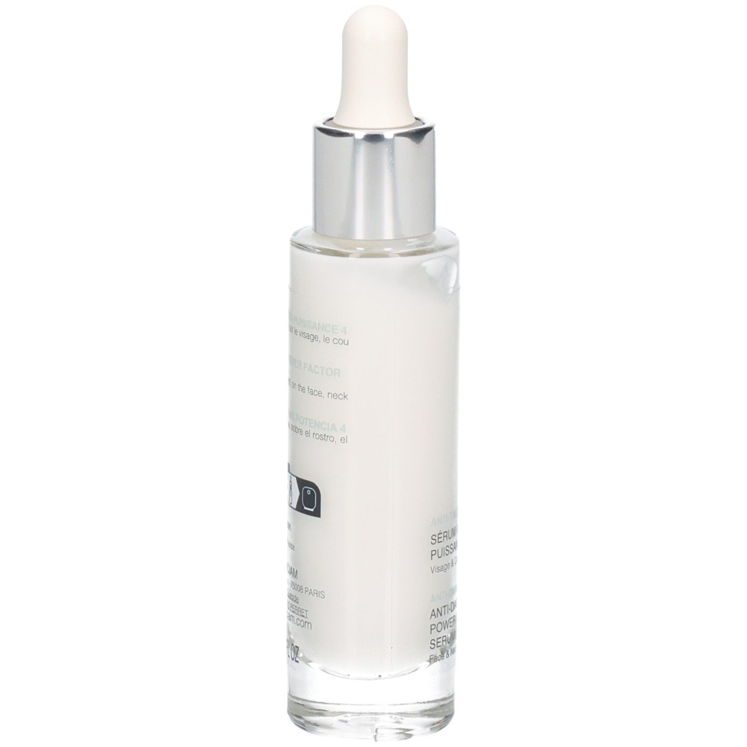 Flacon Nuhanciam Sérum Anti-taches Puissance 4 avec pipette, vue latérale.