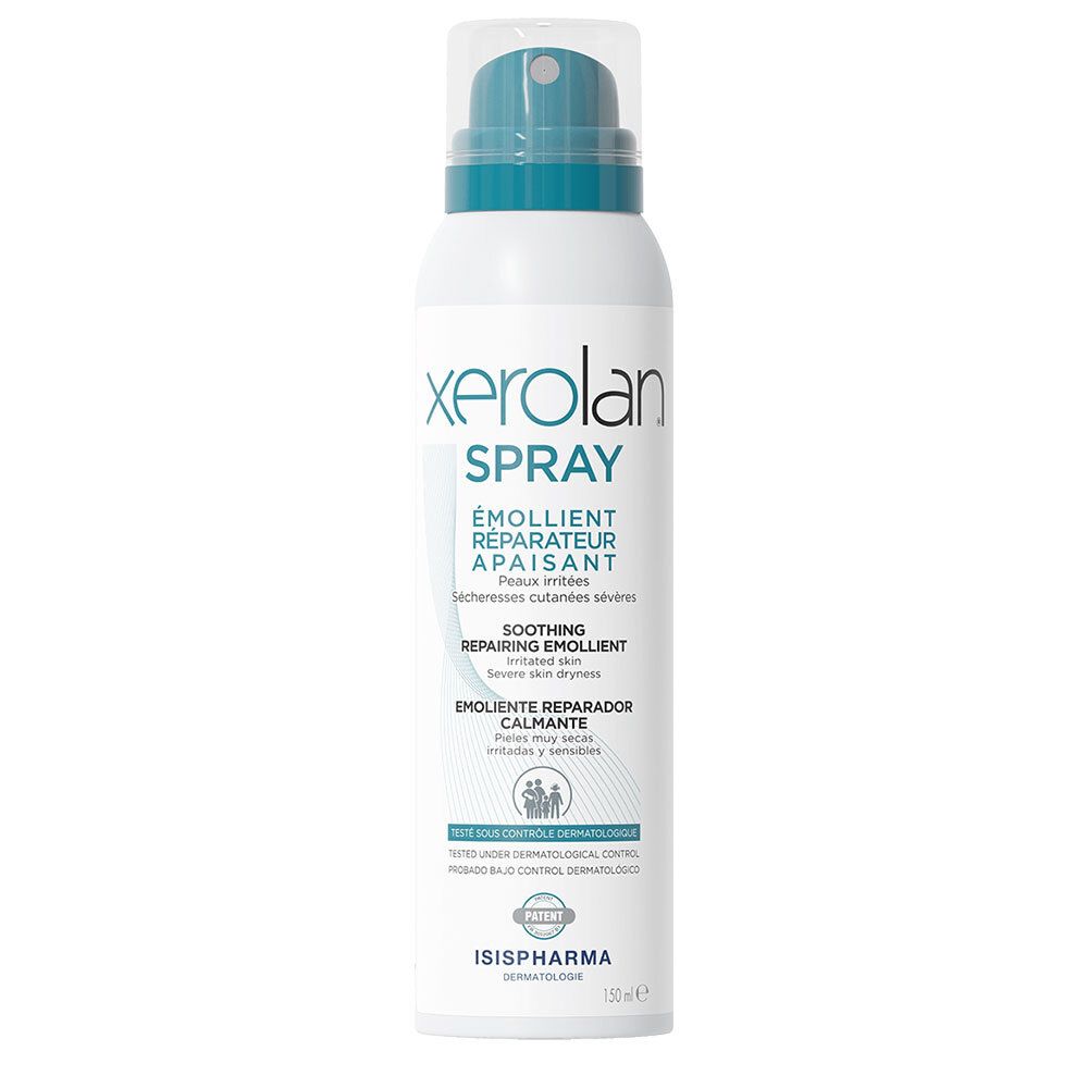 Flacon spray blanc et bleu. Texte: Xerolan Spray, Emollient, Réparateur, Apaisant. Logo ISISPHARMA. Brevet.