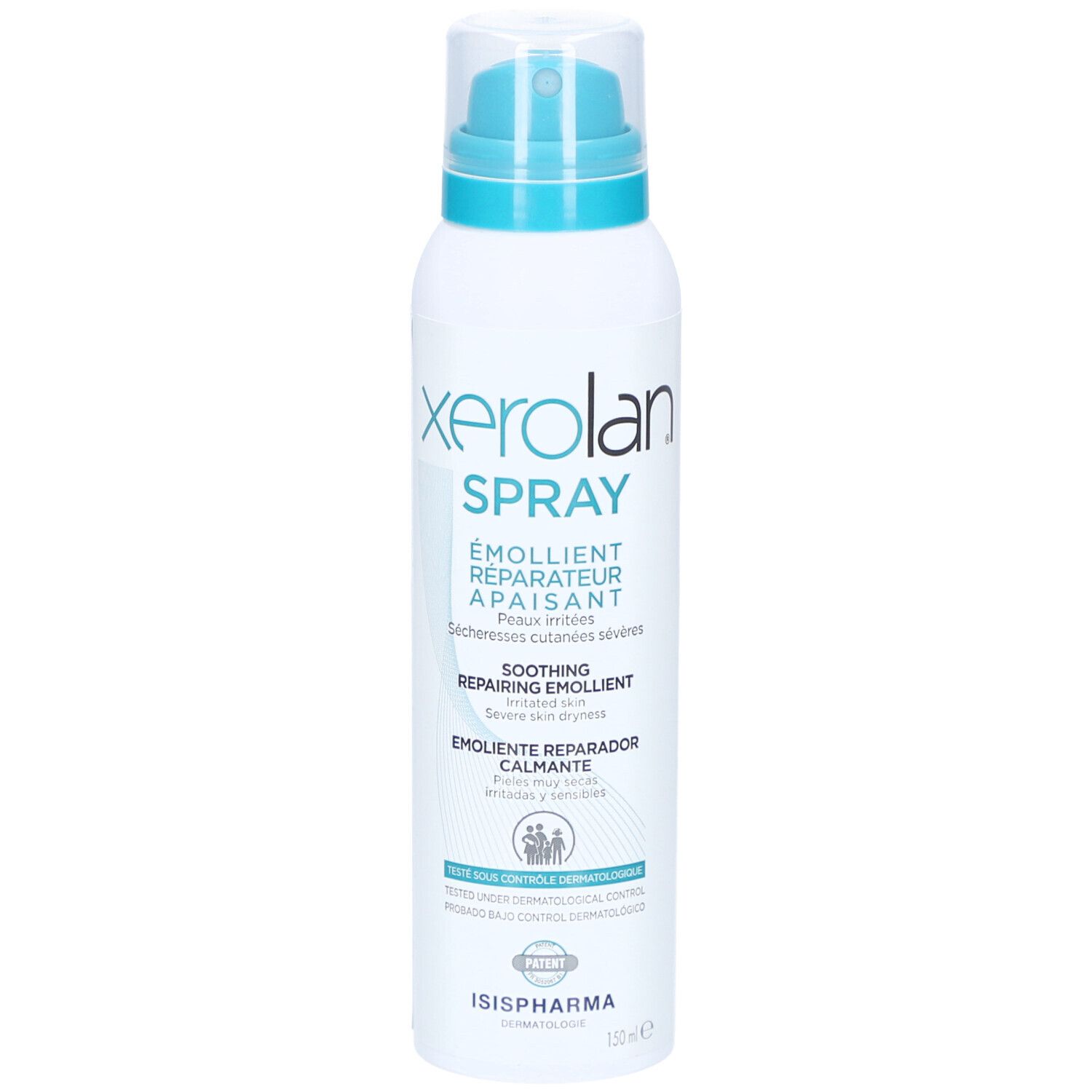 Flacon spray blanc et bleu. Texte: Xerolan Spray, Emollient, Réparateur, Apaisant. Logo ISISPHARMA. Brevet.