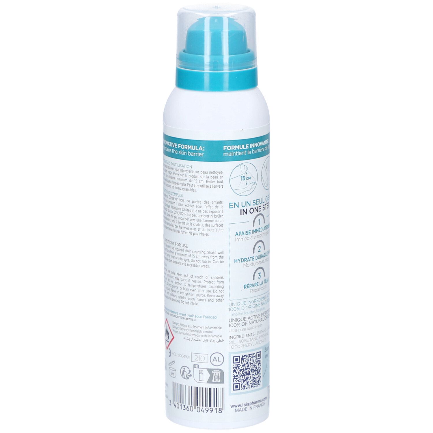 Flacon spray blanc et bleu. Texte: Xerolan Spray, Emollient, Réparateur, Apaisant. Logo ISISPHARMA. Brevet.