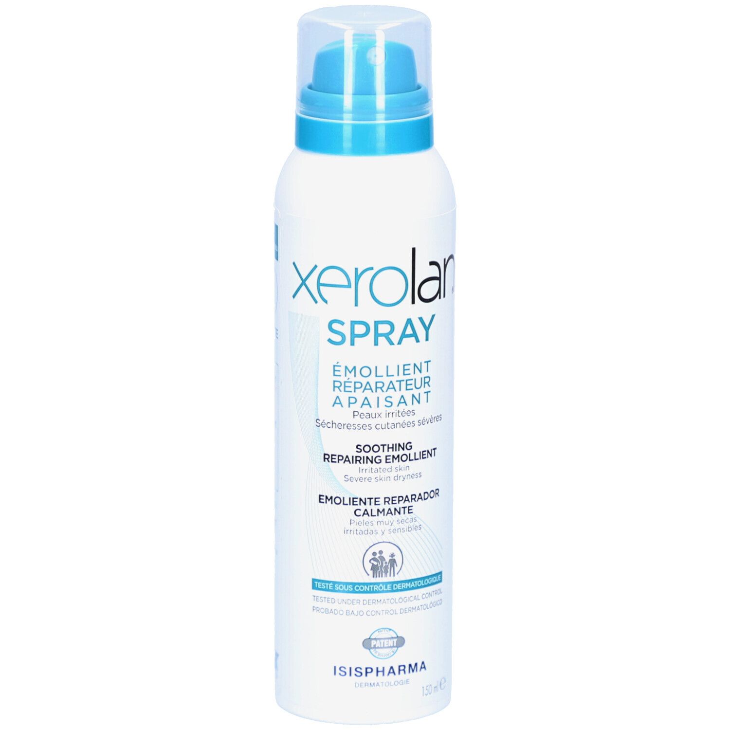 Flacon spray blanc et bleu. Texte: Xerolan Spray, Emollient, Réparateur, Apaisant. Logo ISISPHARMA. Brevet.