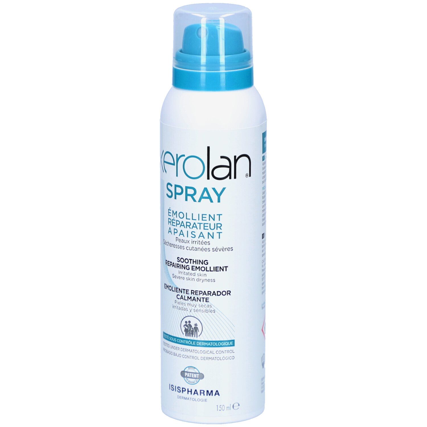 Flacon spray blanc et bleu. Texte: Xerolan Spray, Emollient, Réparateur, Apaisant. Logo ISISPHARMA. Brevet.