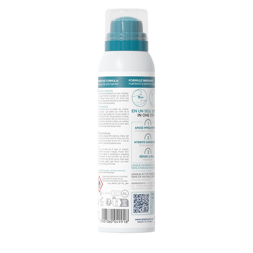 Dos du flacon spray blanc. Texte: Ingrédients, mode d'emploi. Code QR. Logo ISISPHARMA.