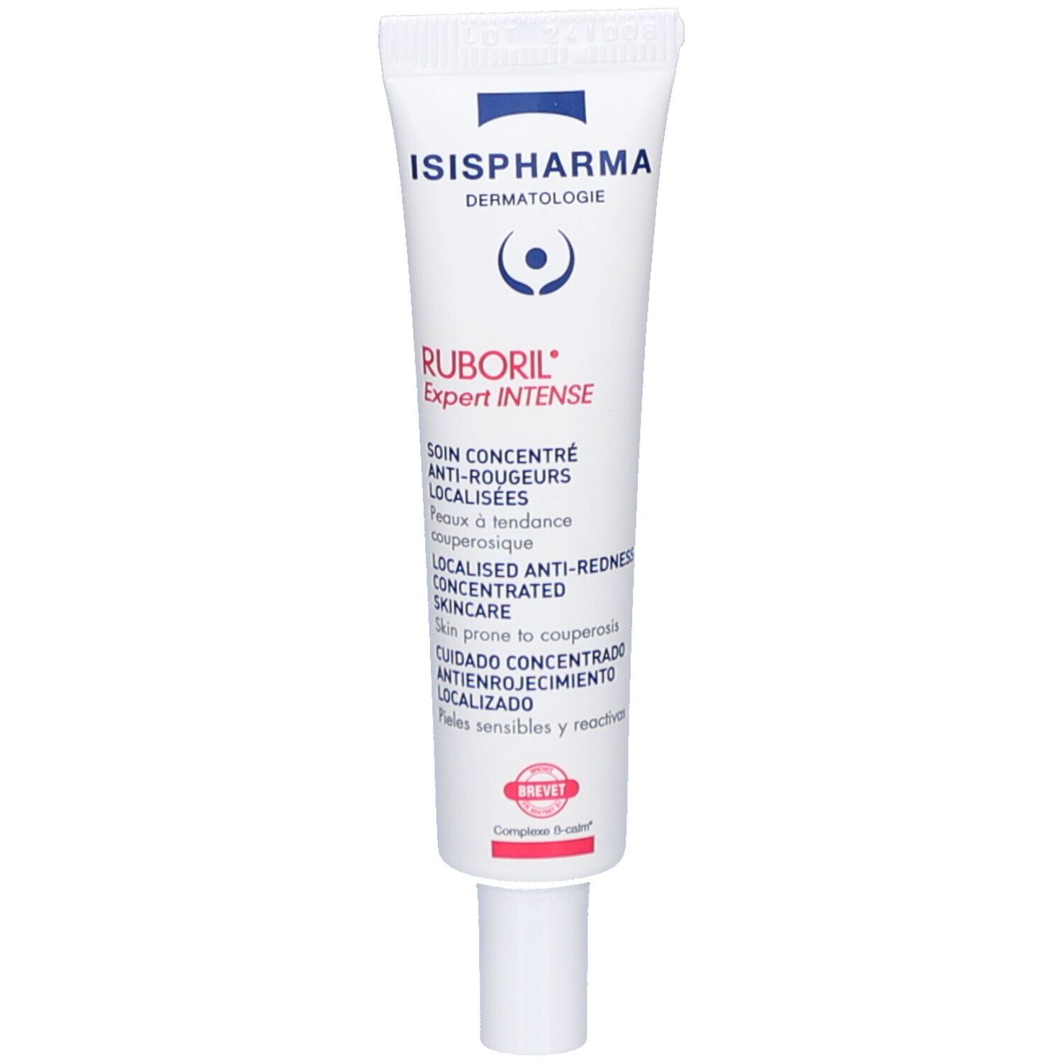 Tube blanc avec logo ISISPHARMA et nom Ruboril Expert Intense. Texte multilingue. Accents rouges.