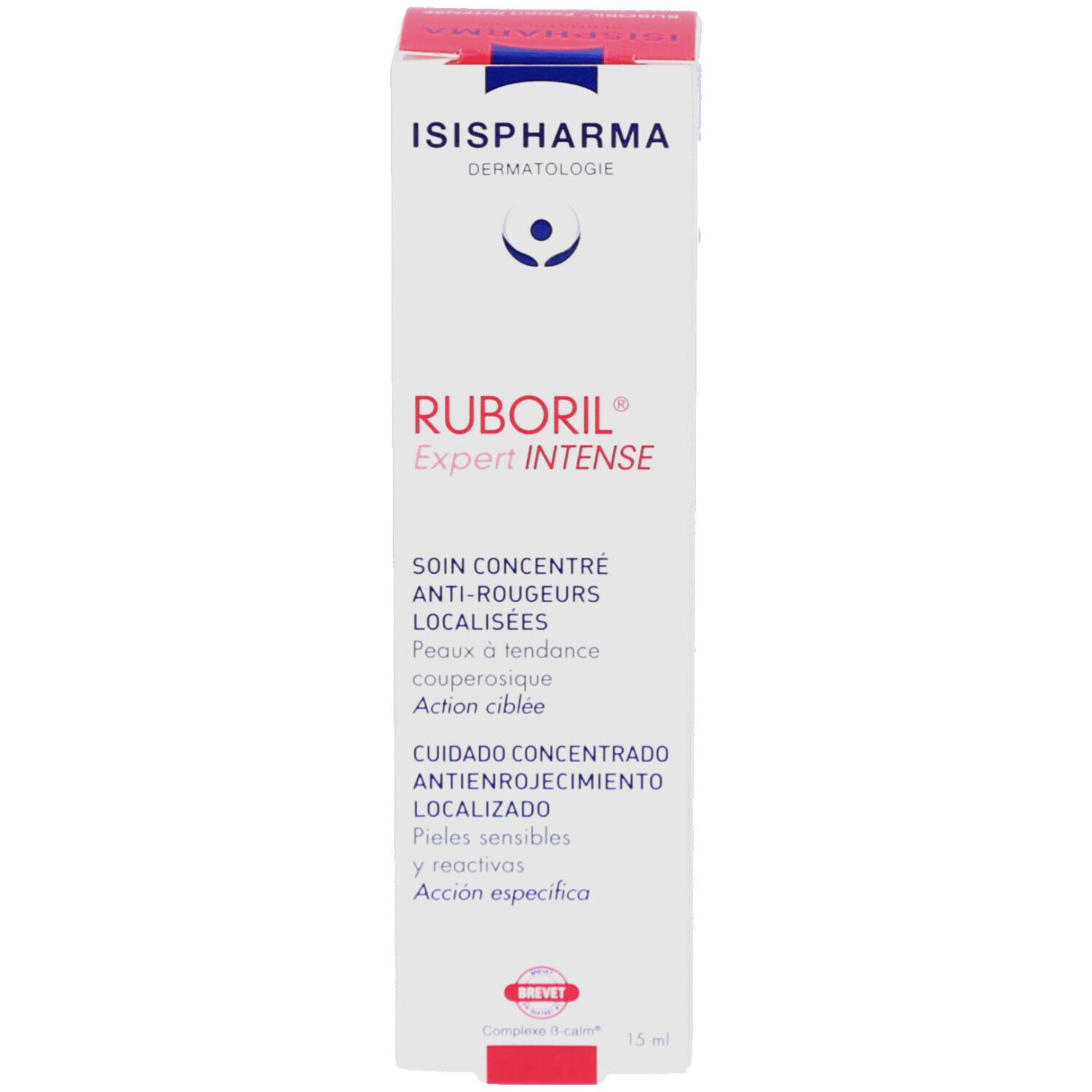 Emballage produit. Boîte rectangulaire avec nom Ruboril Expert Intense. Accent rouge. Logo ISISPHARMA.