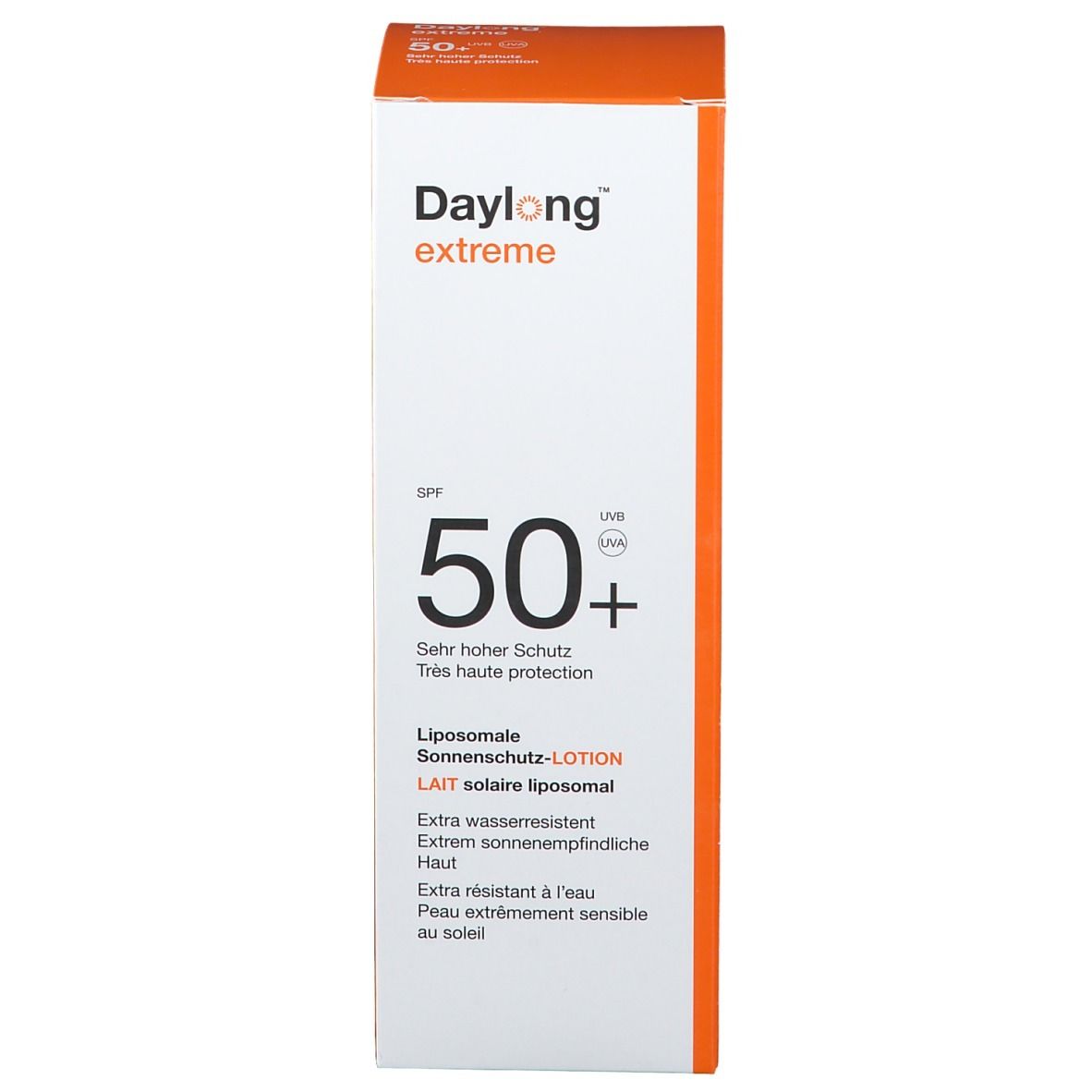Emballage en carton. Inscription : Daylong extreme, SPF 50+. Lait solaire liposomial.