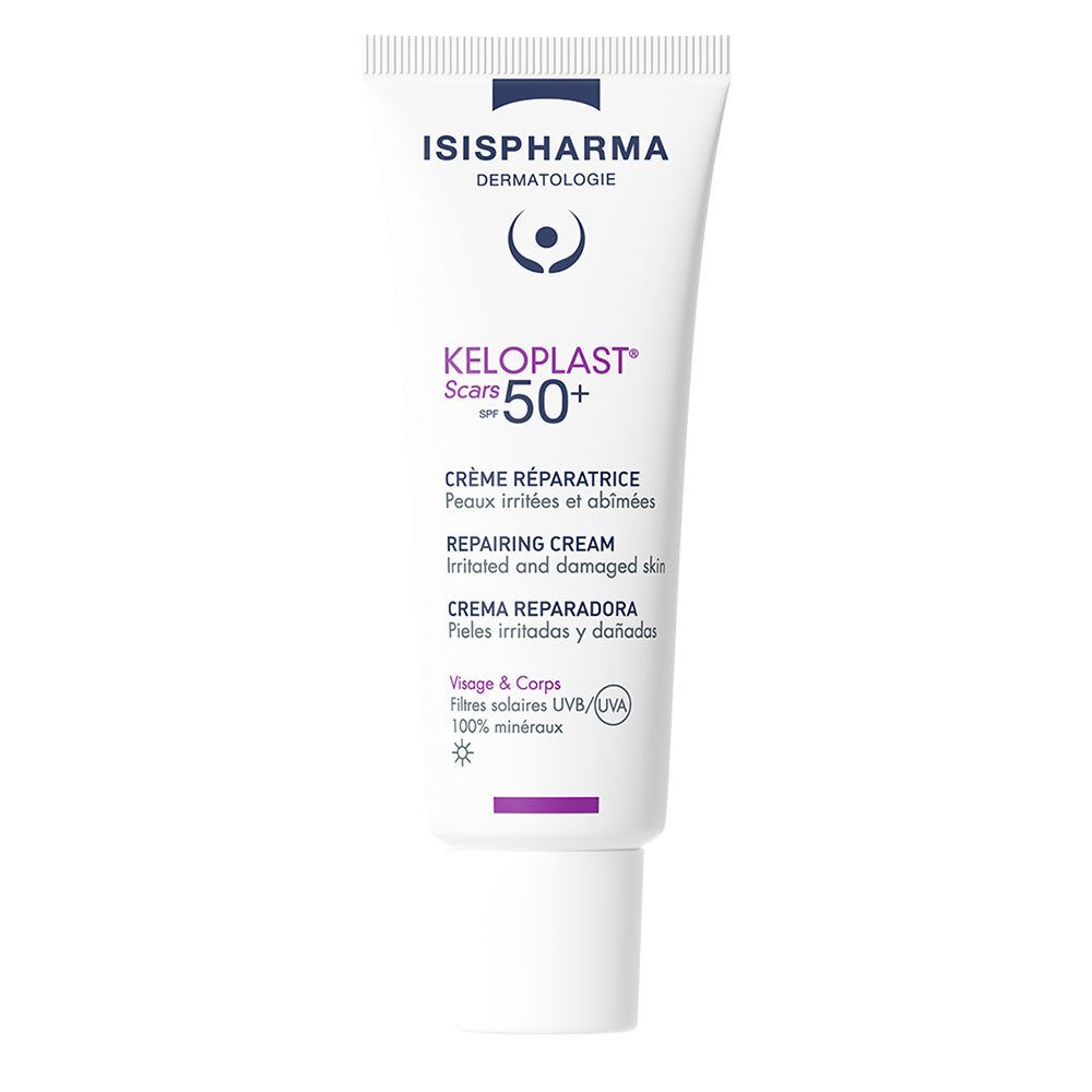 Tube blanc ISISPHARMA Keloplast Cracks SPF50+. Texte en français, anglais, espagnol. Crème réparatrice pour peaux irritées.