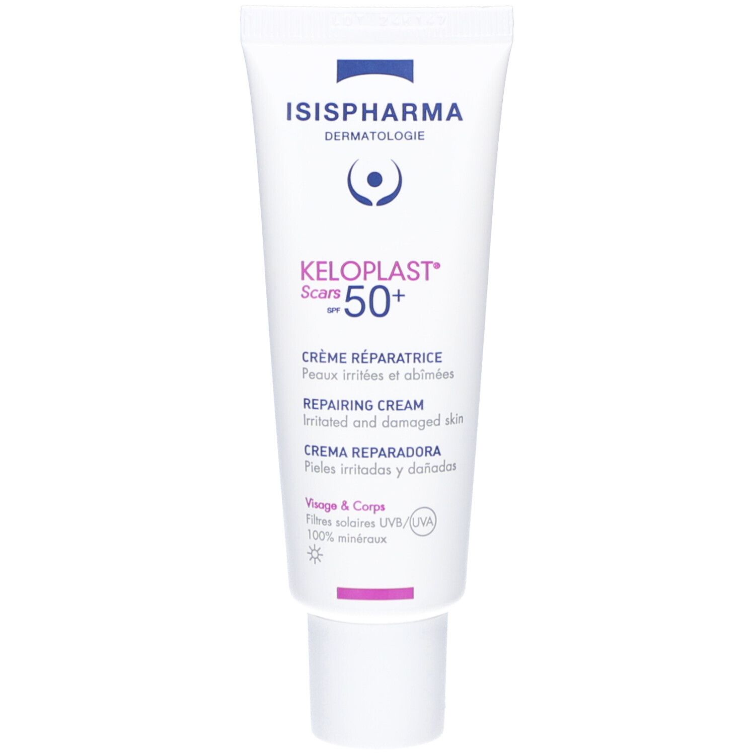 Tube blanc ISISPHARMA Keloplast Cracks SPF50+. Texte en français, anglais, espagnol. Crème réparatrice pour peaux irritées.