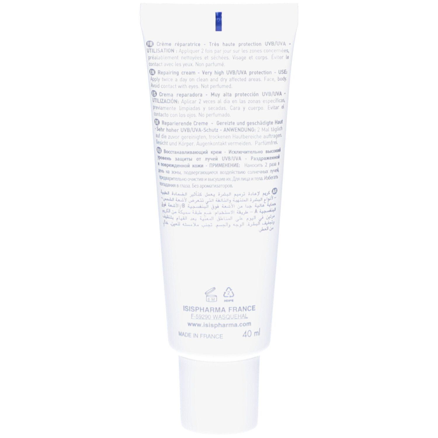 Dos du tube blanc ISISPHARMA Keloplast Cracks SPF50+. Texte multilingue. Contient des informations sur l'utilisation.