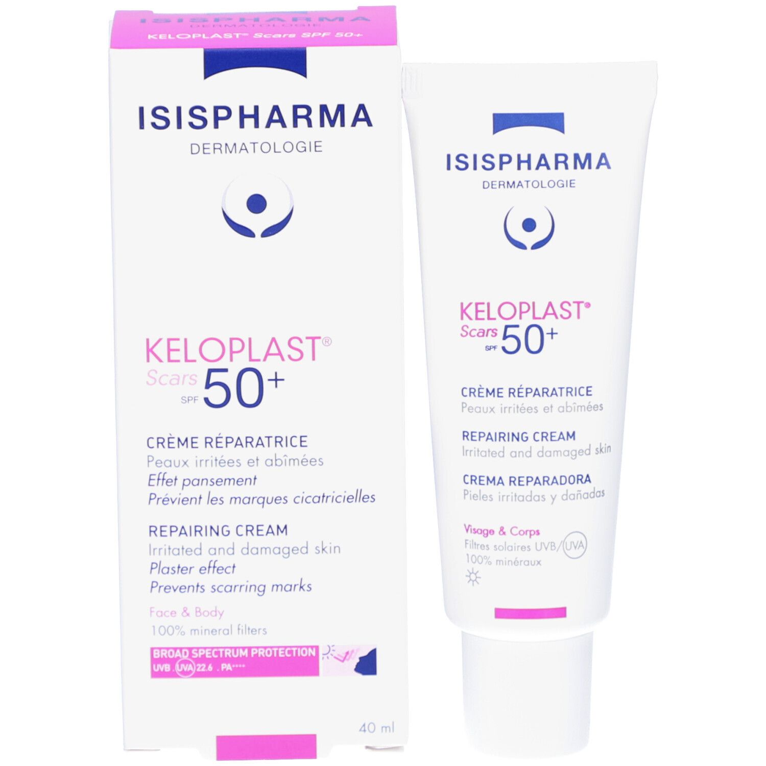 Tube et emballage ISISPHARMA Keloplast Cracks SPF50+. Tube blanc et boîte rose et blanche. Texte multilingue.