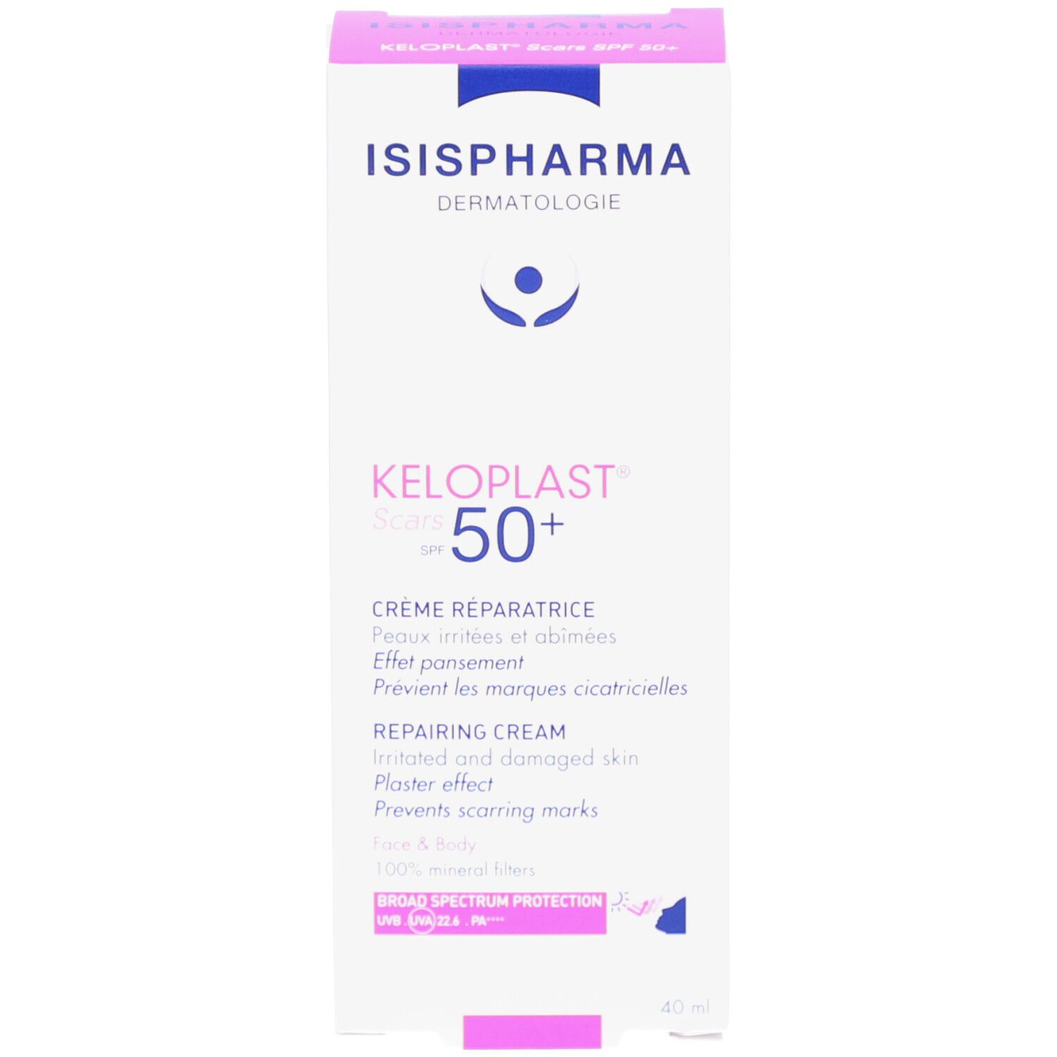 Emballage ISISPHARMA Keloplast Cracks SPF50+. Boîte rose et blanche. Texte multilingue. Contient des informations sur le produit.