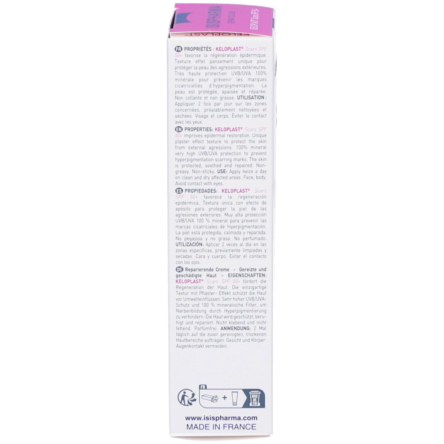 Emballage ISISPHARMA Keloplast Cracks SPF50+. Boîte rose et blanche. Texte multilingue. Contient des informations sur le produit.