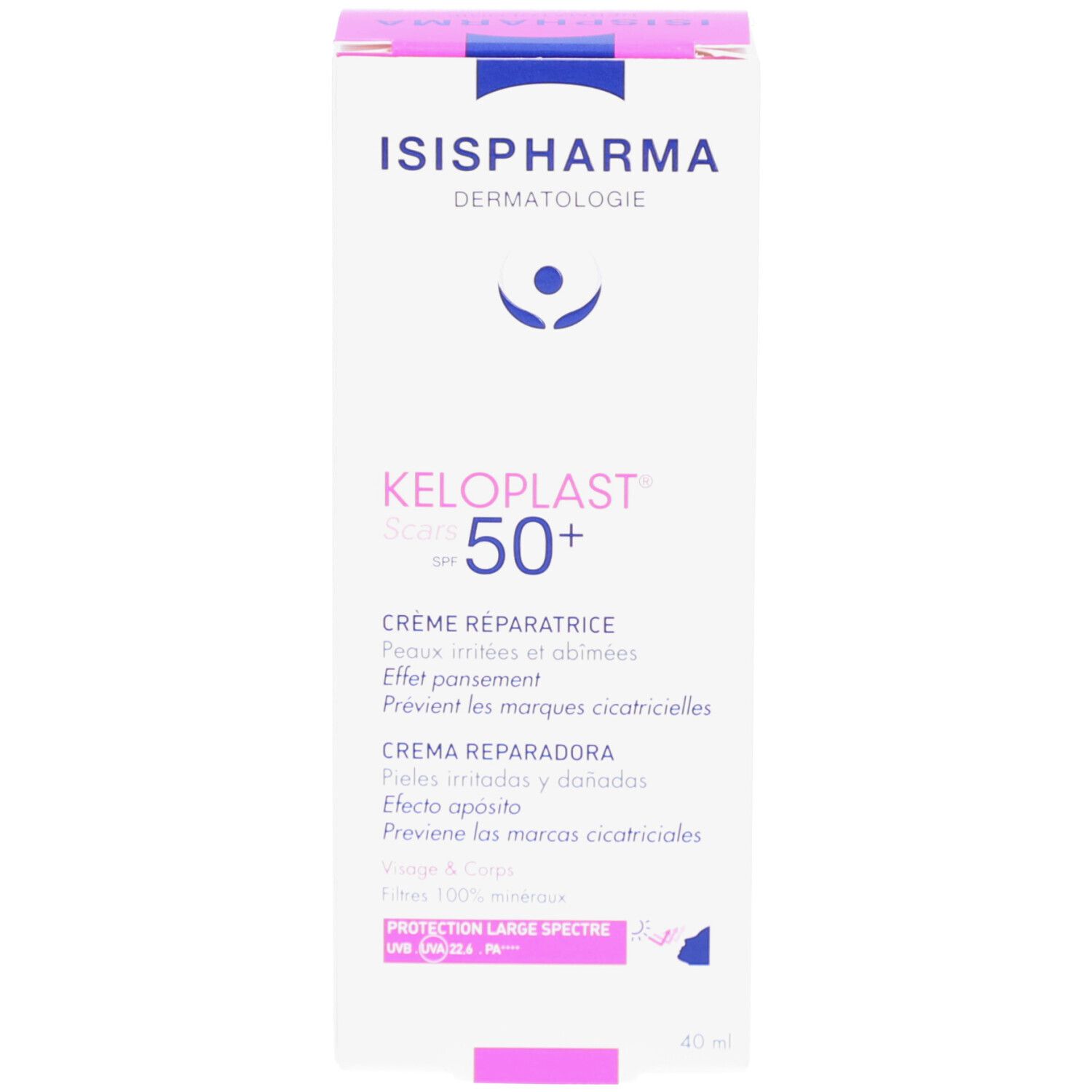 Emballage ISISPHARMA Keloplast Cracks SPF50+. Boîte rose et blanche. Texte multilingue. Contient des informations sur le produit.