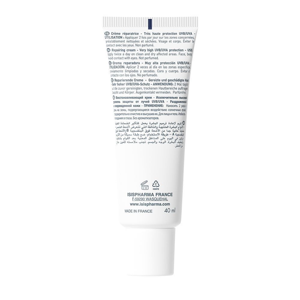 Dos du tube blanc ISISPHARMA Keloplast Cracks SPF50+. Texte multilingue. Contient des informations sur l'utilisation.