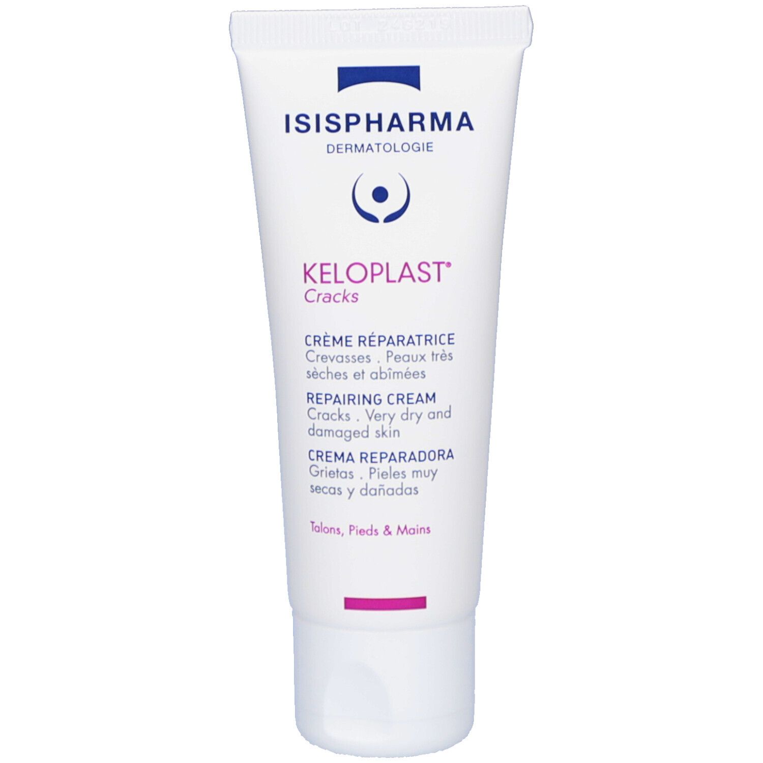 Tube blanc ISISPHARMA Keloplast Cracks. Crème réparatrice pour peaux très sèches et abîmées. Texte en anglais, français, espagnol.