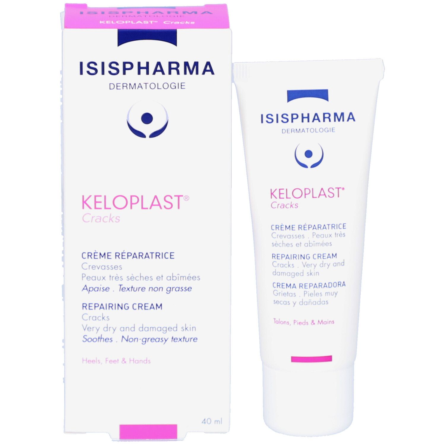 ISISPHARMA Keloplast Cracks, tube et boîte. Crème réparatrice pour peaux très sèches et abîmées. Texte en anglais, français, espagnol.