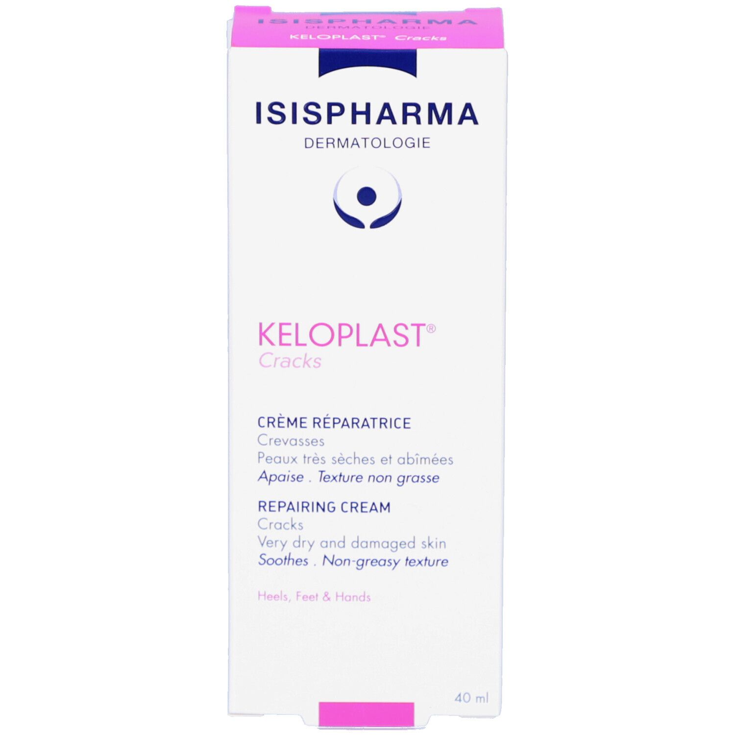 Boîte blanche ISISPHARMA Keloplast Cracks. Crème réparatrice pour peaux très sèches et abîmées. Texte en anglais, français, espagnol.